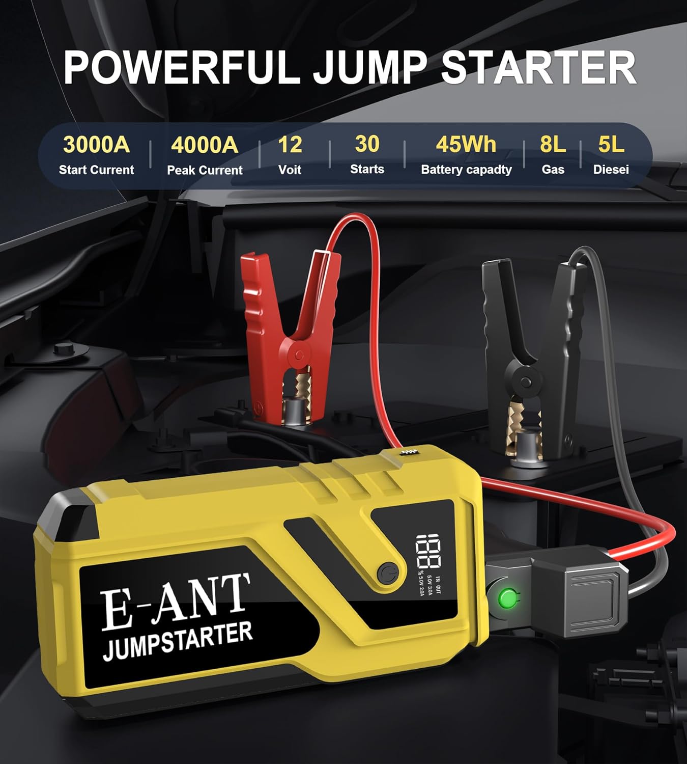 Car Battery Jump Starter, 4000A Car Jump Starter for 8.0L Gas or 5.0L Diesel Engine,12V Lithium Jump Box,LED Lights,Portable Power Bank USB QC3.0 Outputs Charger