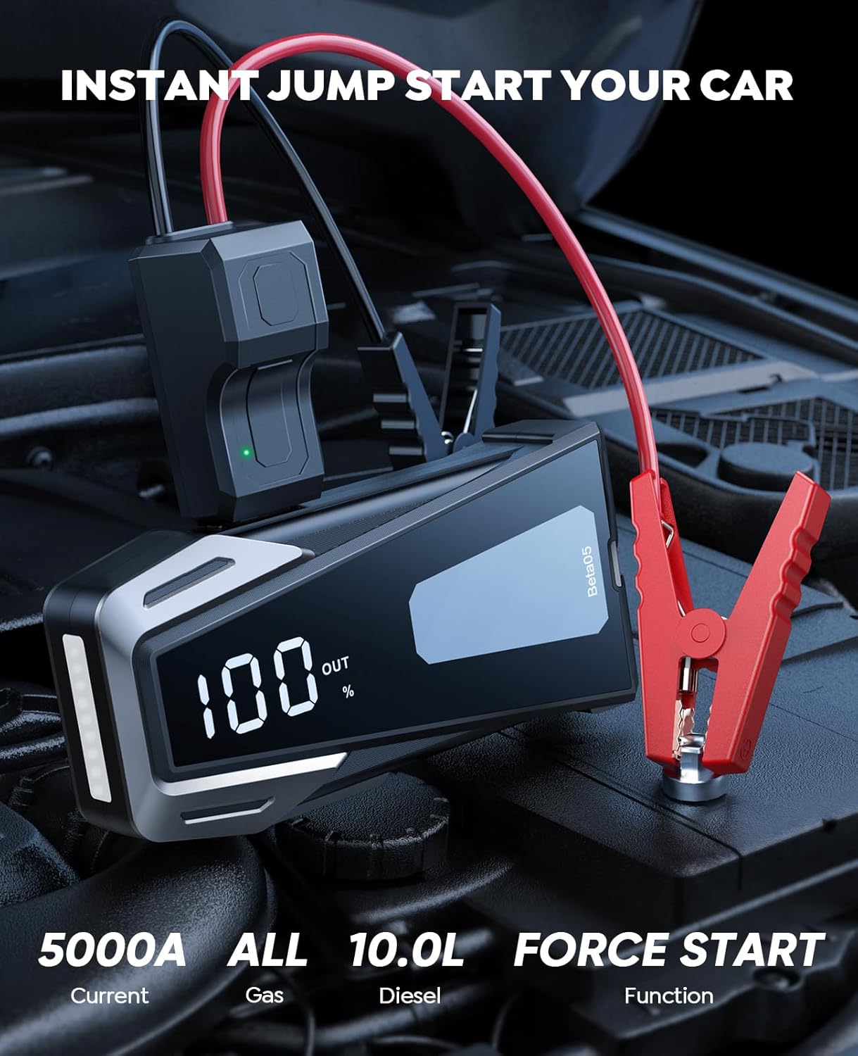 Car Battery Jump Starter 4000A Jump Box (8.5L Gas/8.0L Diesel), Jumper Starter Portable Car Jump Starter Battery Pack with Extended Smart Jumper Cables, Quick Charge, Large Display, Lights