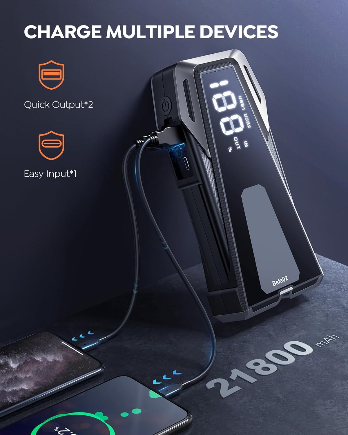Car Battery Jump Starter 4000A Jump Box (8.5L Gas/8.0L Diesel), Jumper Starter Portable Car Jump Starter Battery Pack with Extended Smart Jumper Cables, Quick Charge, Large Display, Lights