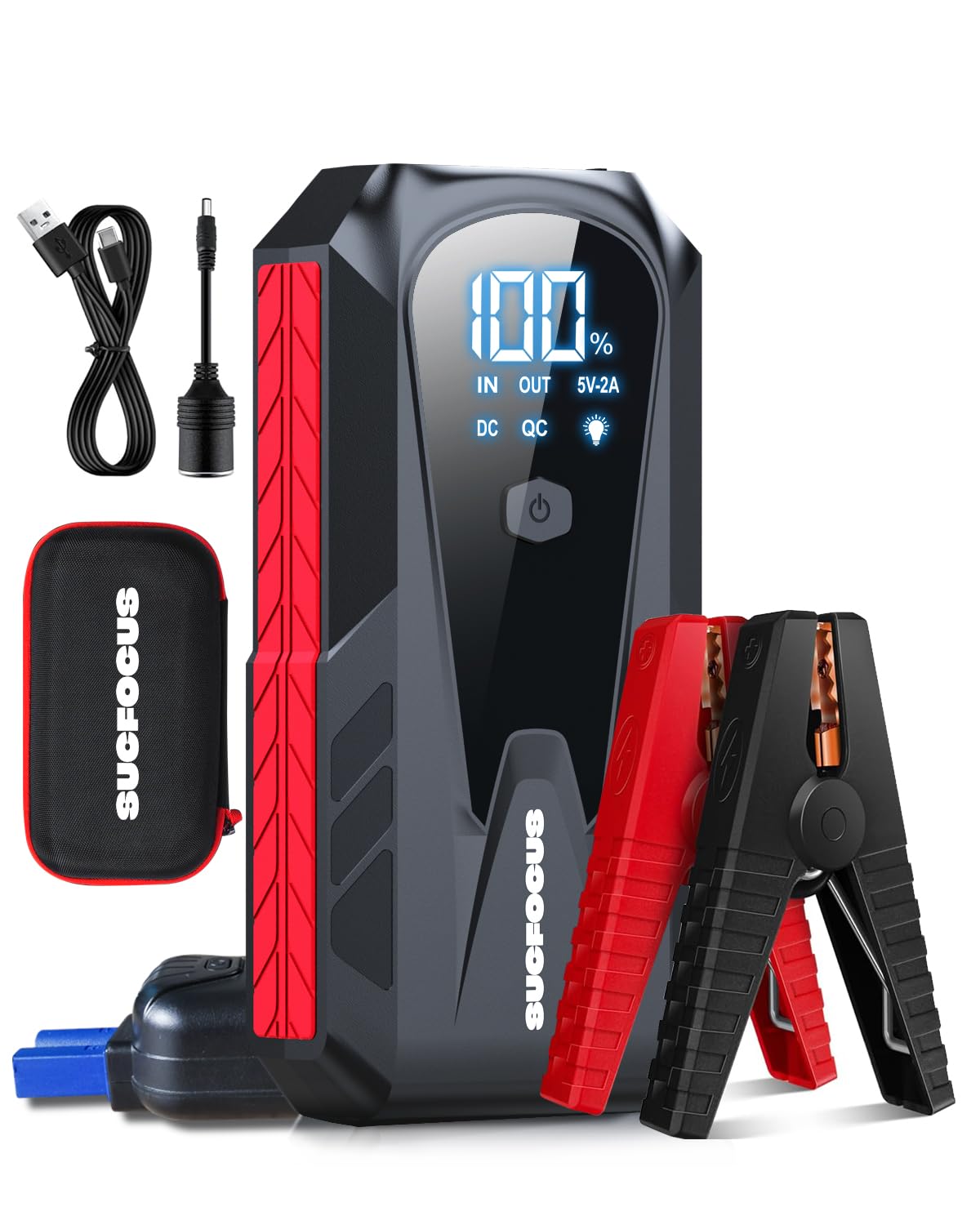 Car Battery Jump Starter, SUCFOCUS Jumper Starter Portable 3000A(for 9.0L Gas or 8.0L Diesel Engine),12V Lithium Jump Box Booster Power Pack LED Lights, QC3.0 Power Bank, Cigarette Adapter (Red black)