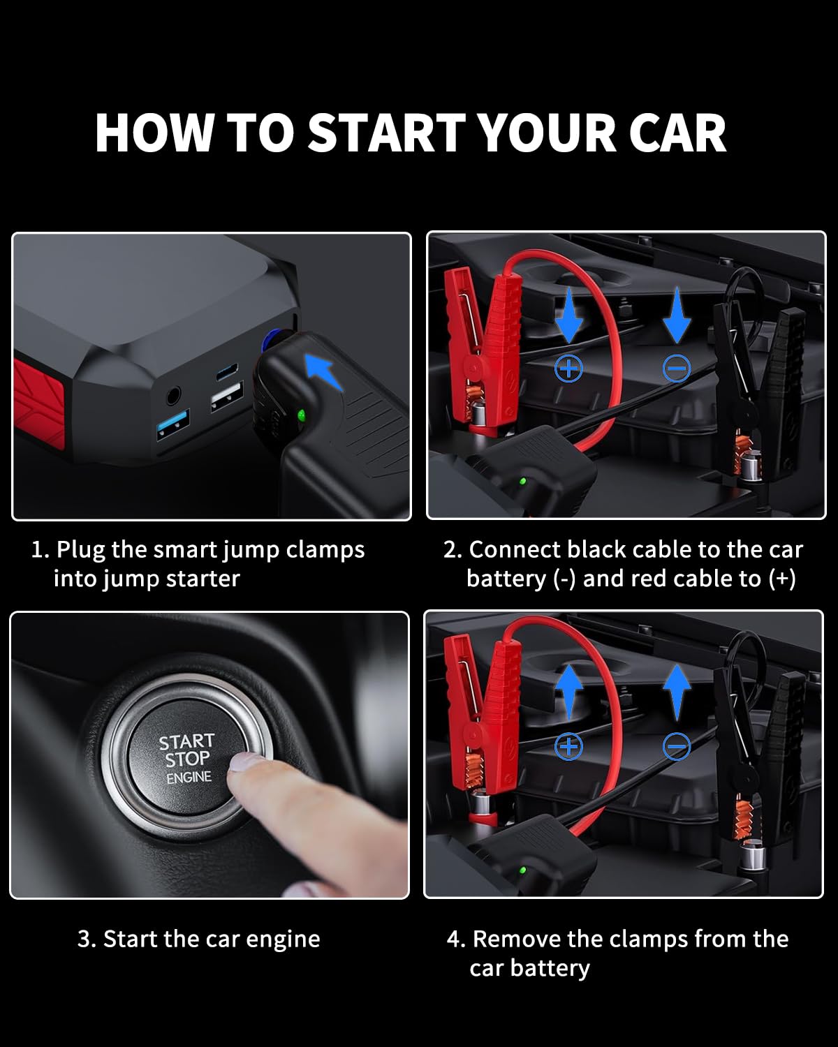 Car Battery Jump Starter, SUCFOCUS Jumper Starter Portable 3000A(for 9.0L Gas or 8.0L Diesel Engine),12V Lithium Jump Box Booster Power Pack LED Lights, QC3.0 Power Bank, Cigarette Adapter (Red black)
