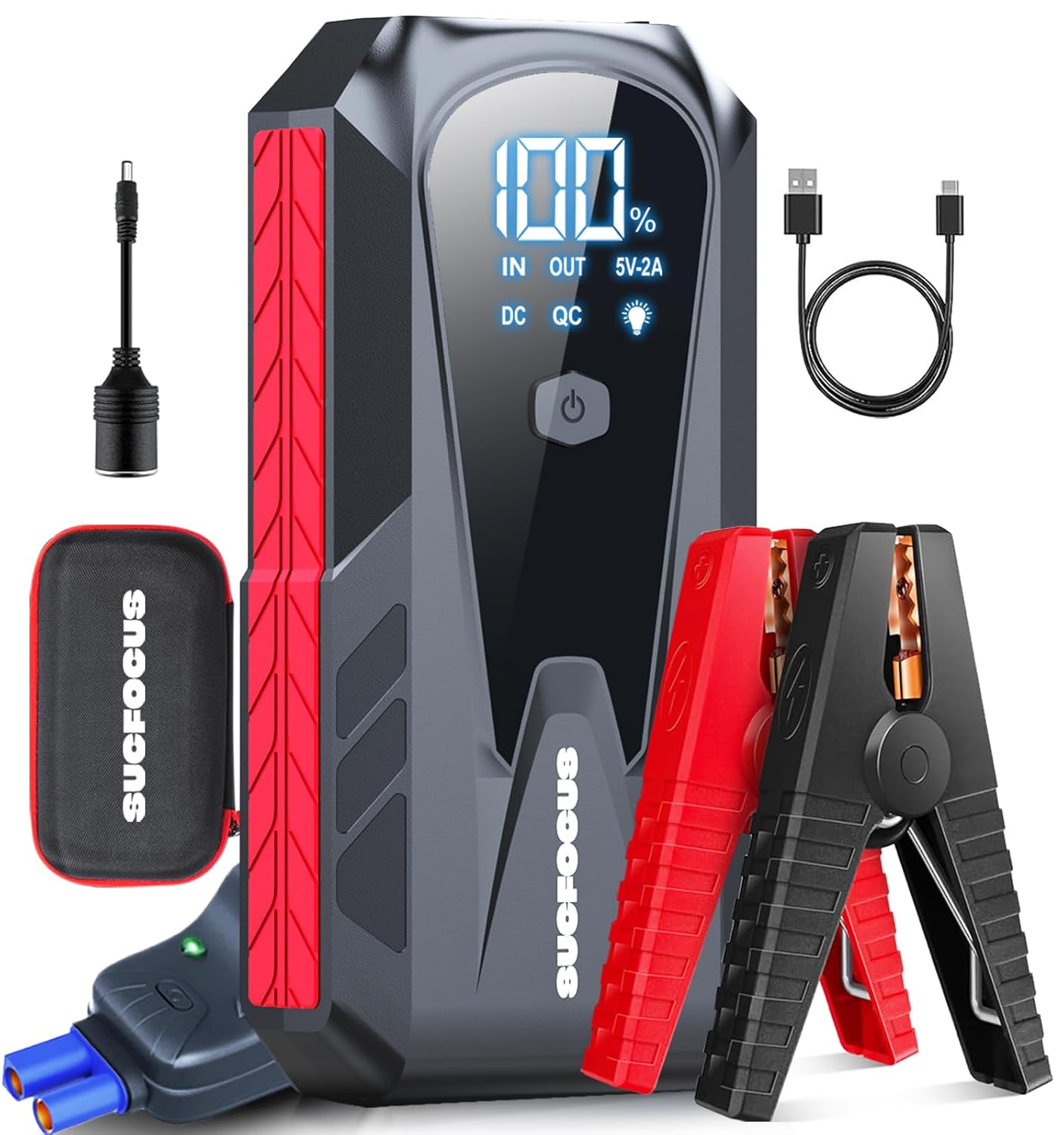 Car Battery Jump Starter, SUCFOCUS Jumper Starter Portable 3000A(for 9.0L Gas or 8.0L Diesel Engine),12V Lithium Jump Box Booster Power Pack LED Lights, QC3.0 Power Bank, Cigarette Adapter (Red black)