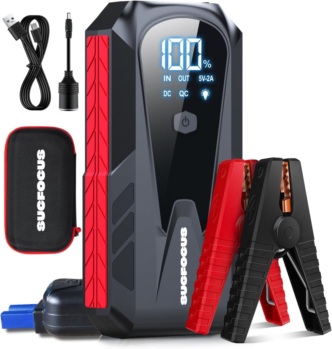 Car Battery Jump Starter, SUCFOCUS Jumper Starter Portable 3000A(for 9.0L Gas or 8.0L Diesel Engine),12V Lithium Jump Box Booster Power Pack LED Lights, QC3.0 Power Bank, Cigarette Adapter (Red black)