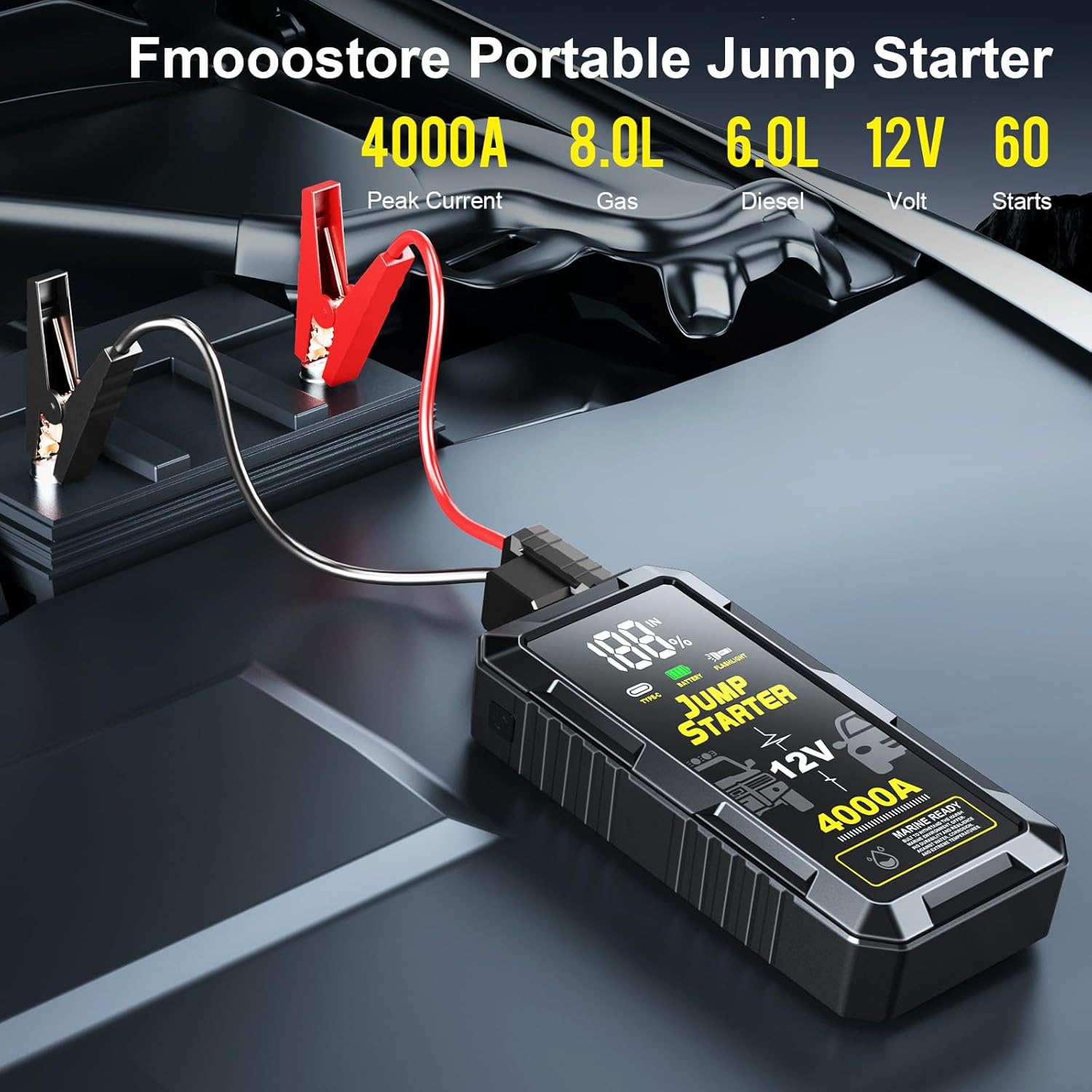 Car Battery Jump Starter with 4000A Peak Smart Clip LCD Display and 3 Modes Flashlight for Up to All Gas and 10.0L Diesel Engine 12V Auto Battery Booster Jumper Cables Portable Lithium Jump Box Car Battery Jump Starter with 4000A Peak Smart Clip LCD Display and 3 Modes Flashlight for Up to All Gas and 10.0L Diesel Engine 12V Auto Battery Booster Jumper Cables Portable Lithium Jump Box