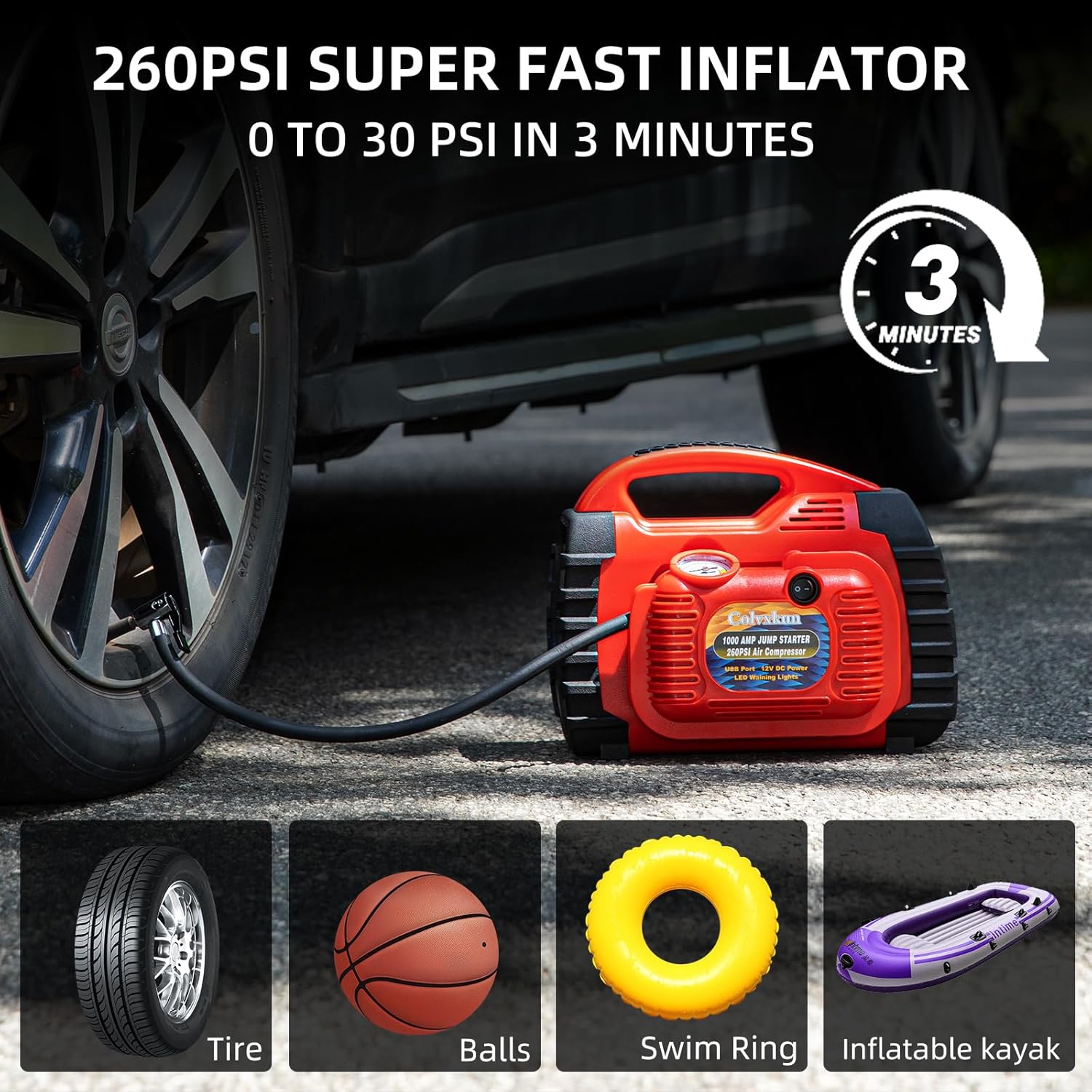 Car Battery Jump Starter with Air Compressor 1000Amp Portable Jump Starter(Satisfy 5L Gas/Diesel),12V Car Battery Charger with 260PSI Tire Inflator, Jumper Cable with USB/DC Port