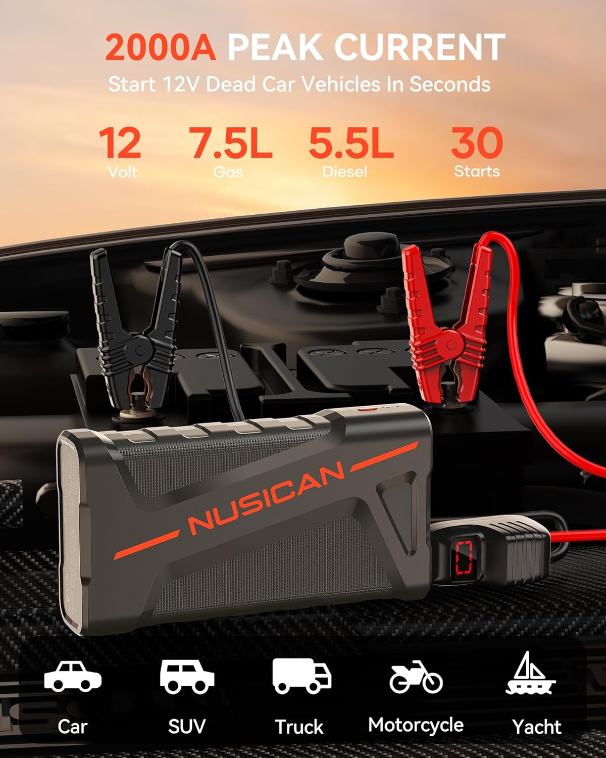 Car Jump Starter, 12V Portable Battery Charger (up to 7.5L Gas5.5L Diesel Engine) Auto Lithium Battery Booster 2000A 18000mAh Jump Pack with Smart Jumper Clamps, USB QC3.0, LED Light, Compact