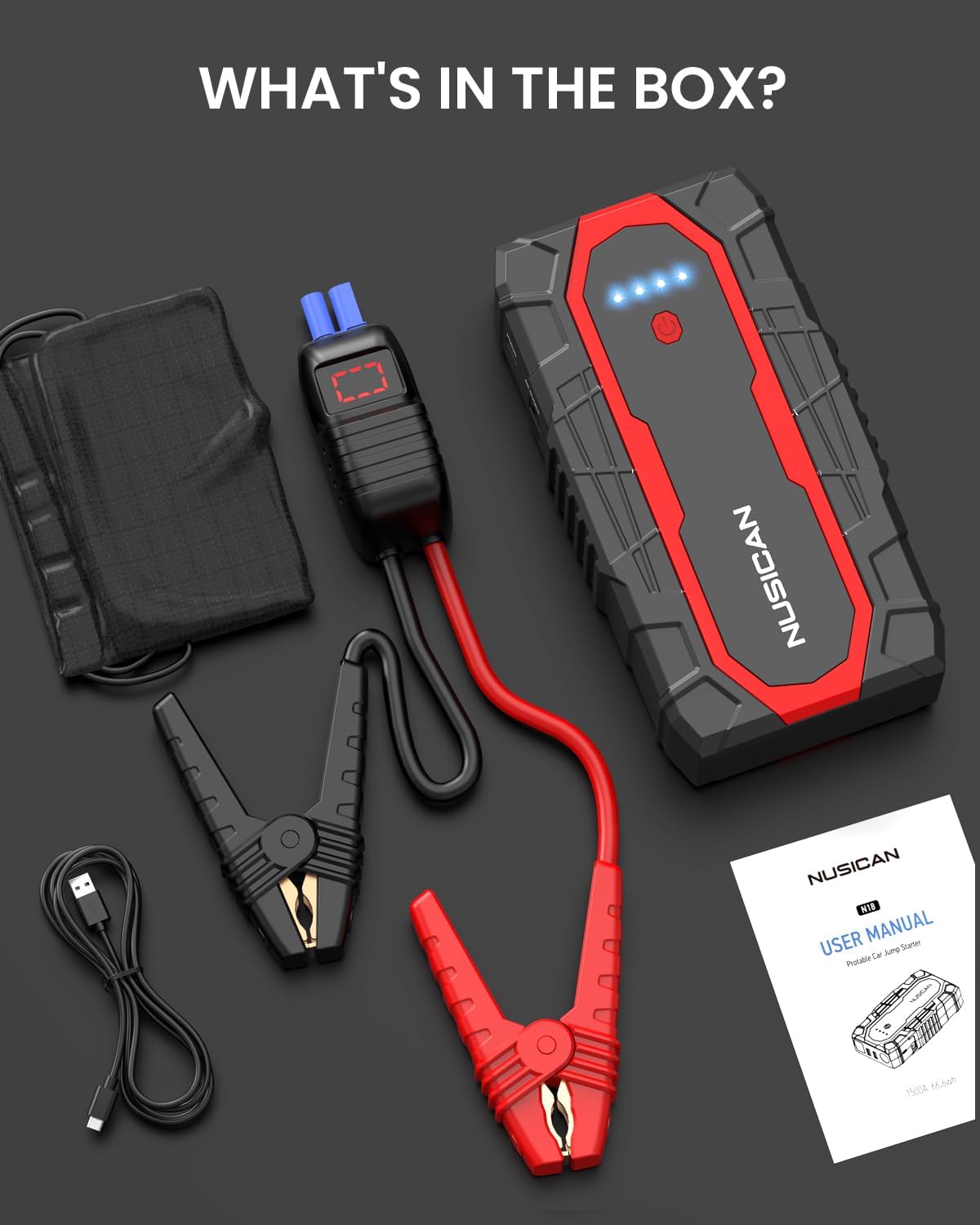 Car Jump Starter, 12V Portable Battery Charger (up to 7.5L Gas5.5L Diesel Engine) Auto Lithium Battery Booster 2000A 18000mAh Jump Pack with Smart Jumper Clamps, USB QC3.0, LED Light, Compact