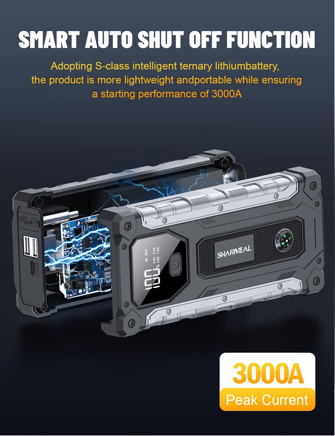 Car Jump Starter 3000A, Jump Starter Battery Pack for Up to 9.0L Gas and 7.0L Diesel Engines, 12V Portable Jump Box with LED Light