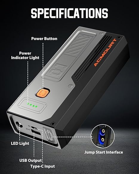Car Jump Starter 4000A,Portable Car Battery Jump Starter for Up to 8L Gas  6.5L Diesel Engines, 12V Jump Starter Power Pack with 3 Modes LED Light, USB Quick Charge