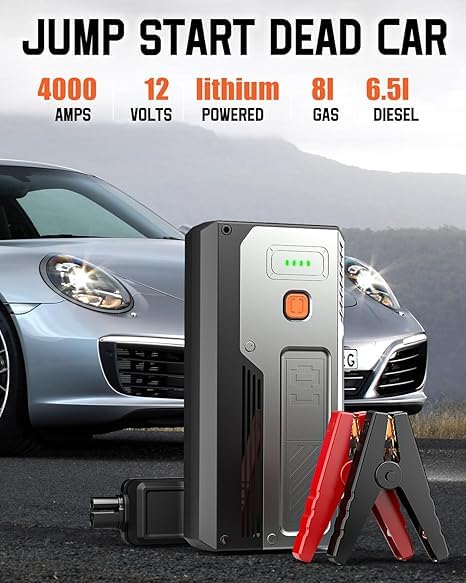 Car Jump Starter 4000A,Portable Car Battery Jump Starter for Up to 8L Gas  6.5L Diesel Engines, 12V Jump Starter Power Pack with 3 Modes LED Light, USB Quick Charge