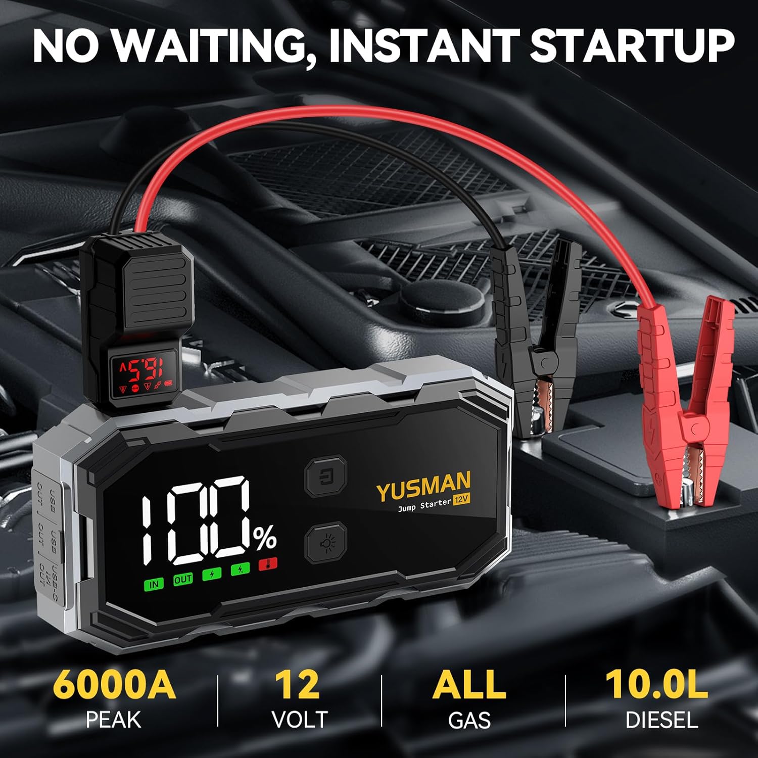 Car Jump Starter, 6000A 12V Jump Starter Battery Pack (All Gas/10.0L Diesel), Safe Car Jumper Box with Display, Car Jump Starter with Extended Smart Jumper Cables, Quick Charge 3.0, LED Light