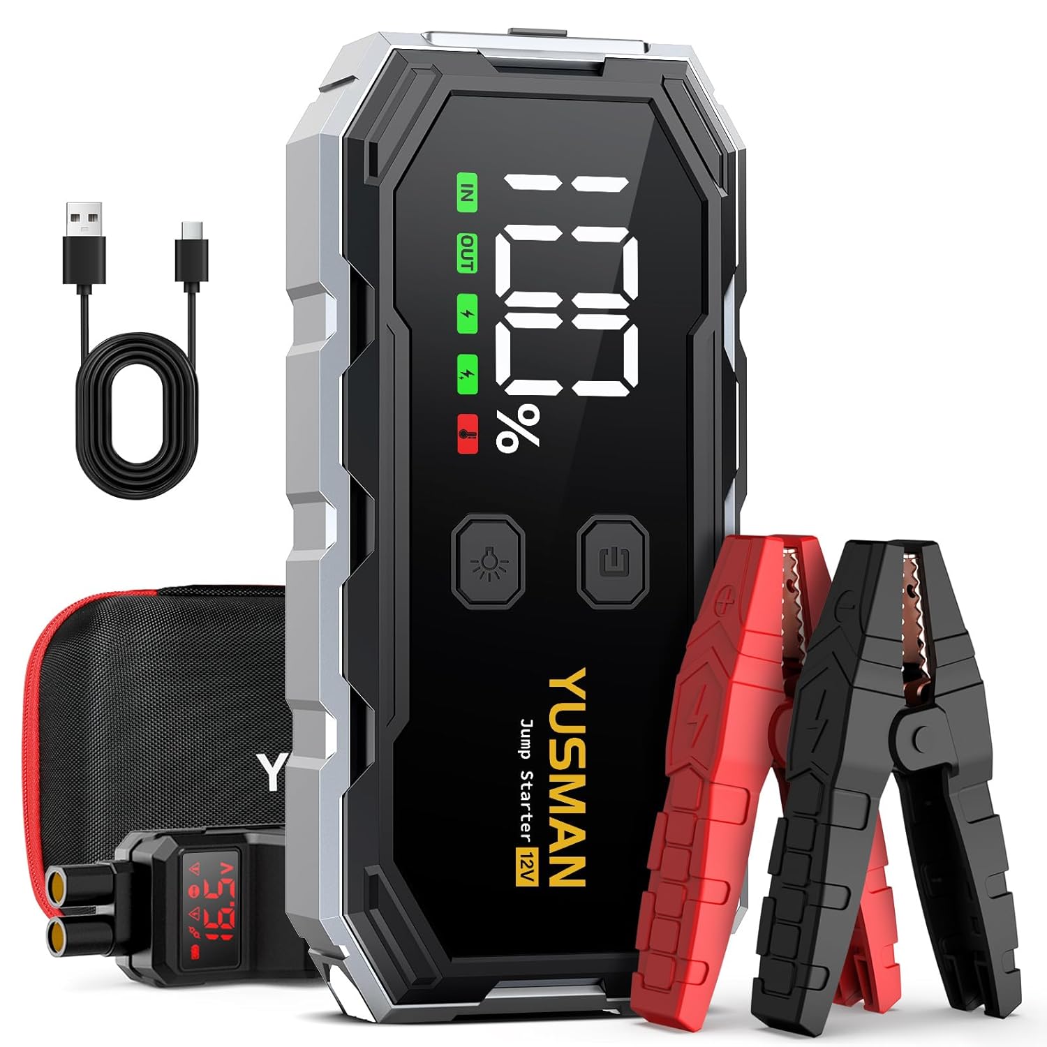 Car Jump Starter, 6000A 12V Jump Starter Battery Pack (All Gas/10.0L Diesel), Safe Car Jumper Box with Display, Car Jump Starter with Extended Smart Jumper Cables, Quick Charge 3.0, LED Light