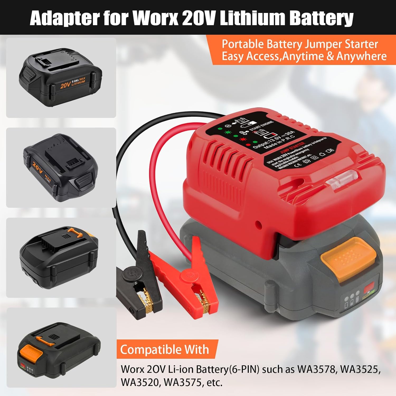 Car Jump Starter for Worx 20V Battery,Jumper Cables Adapter 12V Portable Jump Car Starter Battery,Up to 3.5L Gas 6.5L Diesel Engines,Automotive Booster Cable Adapter(Battery not Included)