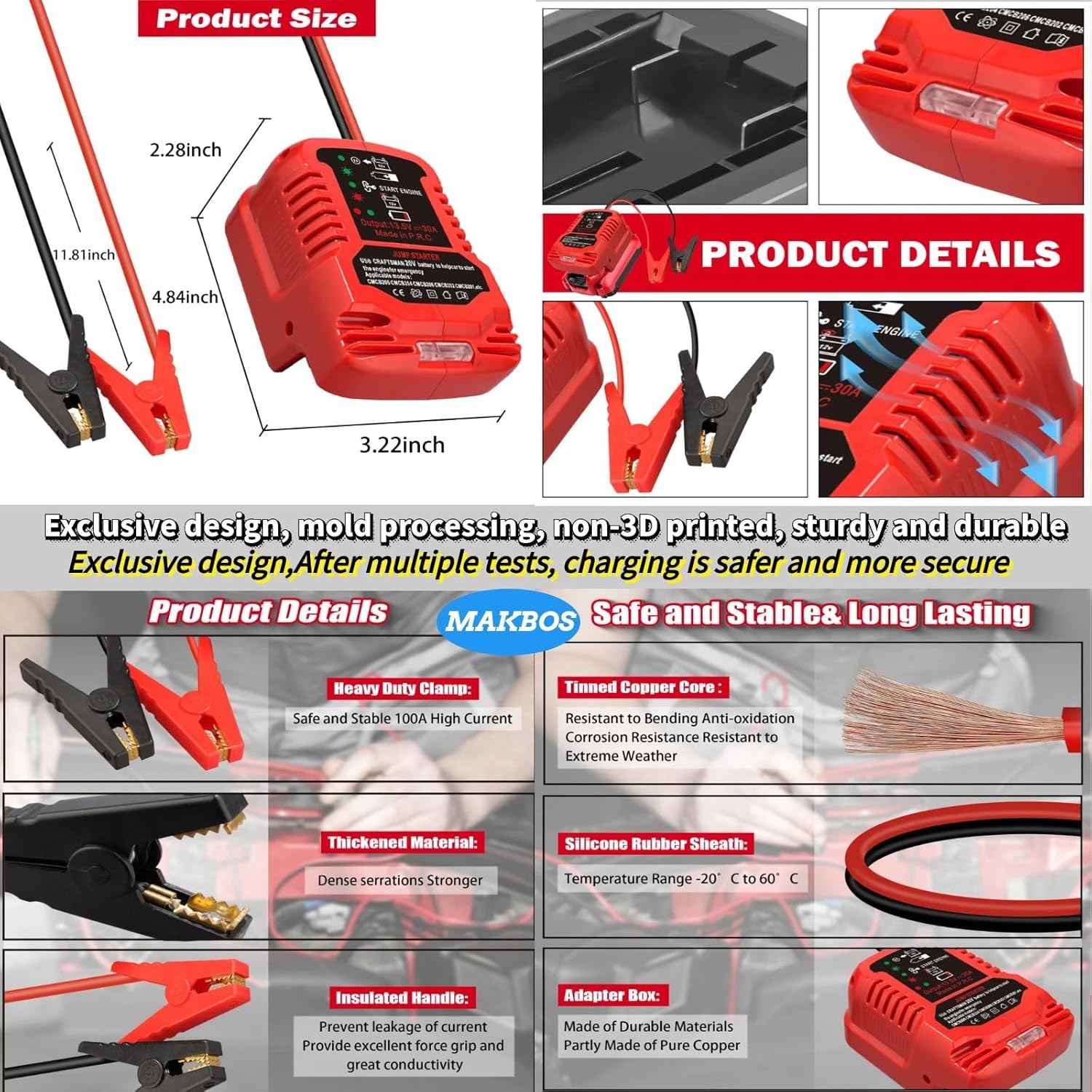 Car Jump Starter for Worx 20V Battery,Jumper Cables Adapter 12V Portable Jump Car Starter Battery,Up to 3.5L Gas 6.5L Diesel Engines,Automotive Booster Cable Adapter(Battery not Included)