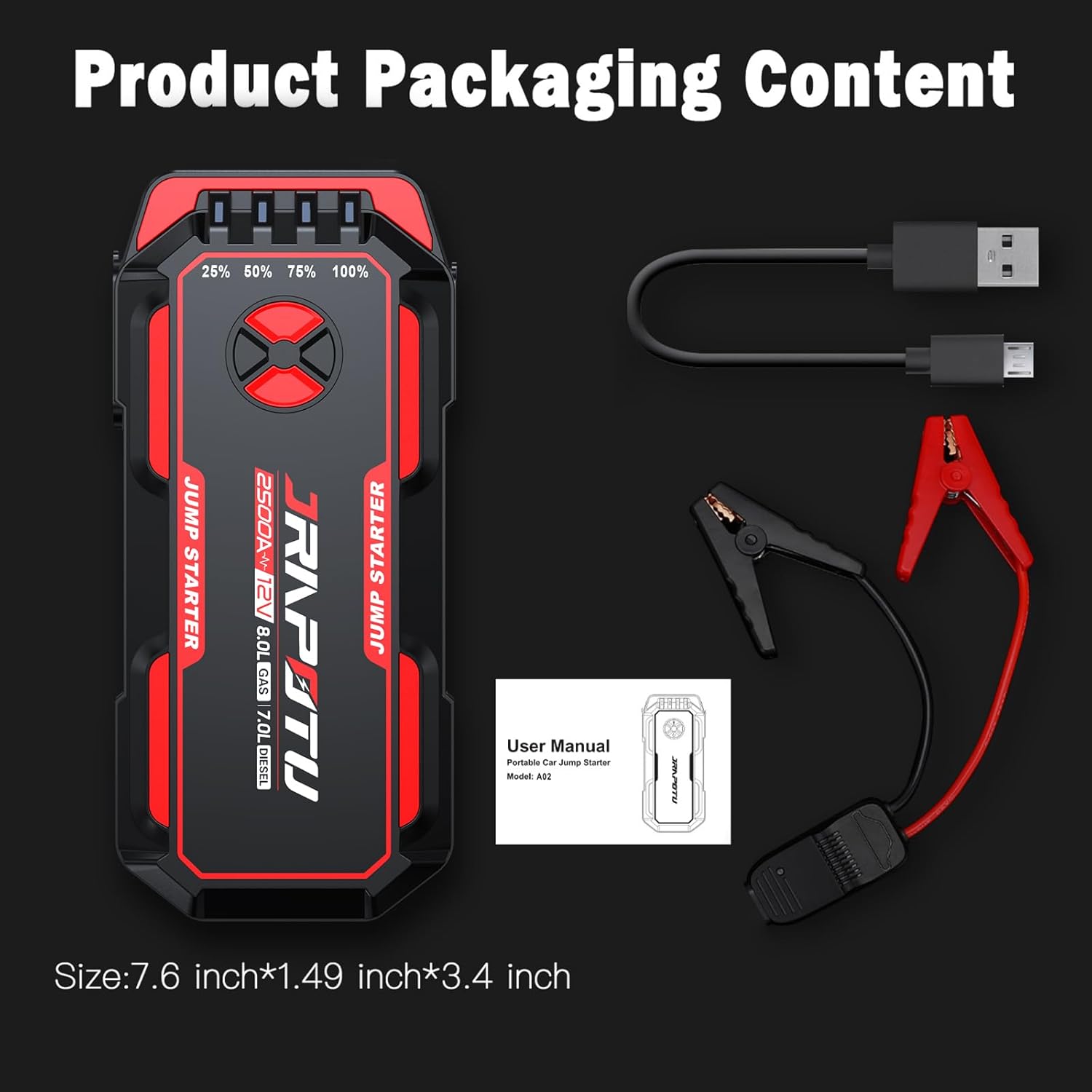 Car Jump Starter - Portable Battery Jumper Box, Battery Booster,12V Battery Pack,Suitable for 8.0L Gas and 7.0L Diesel Cars, Dust and Rain Proof