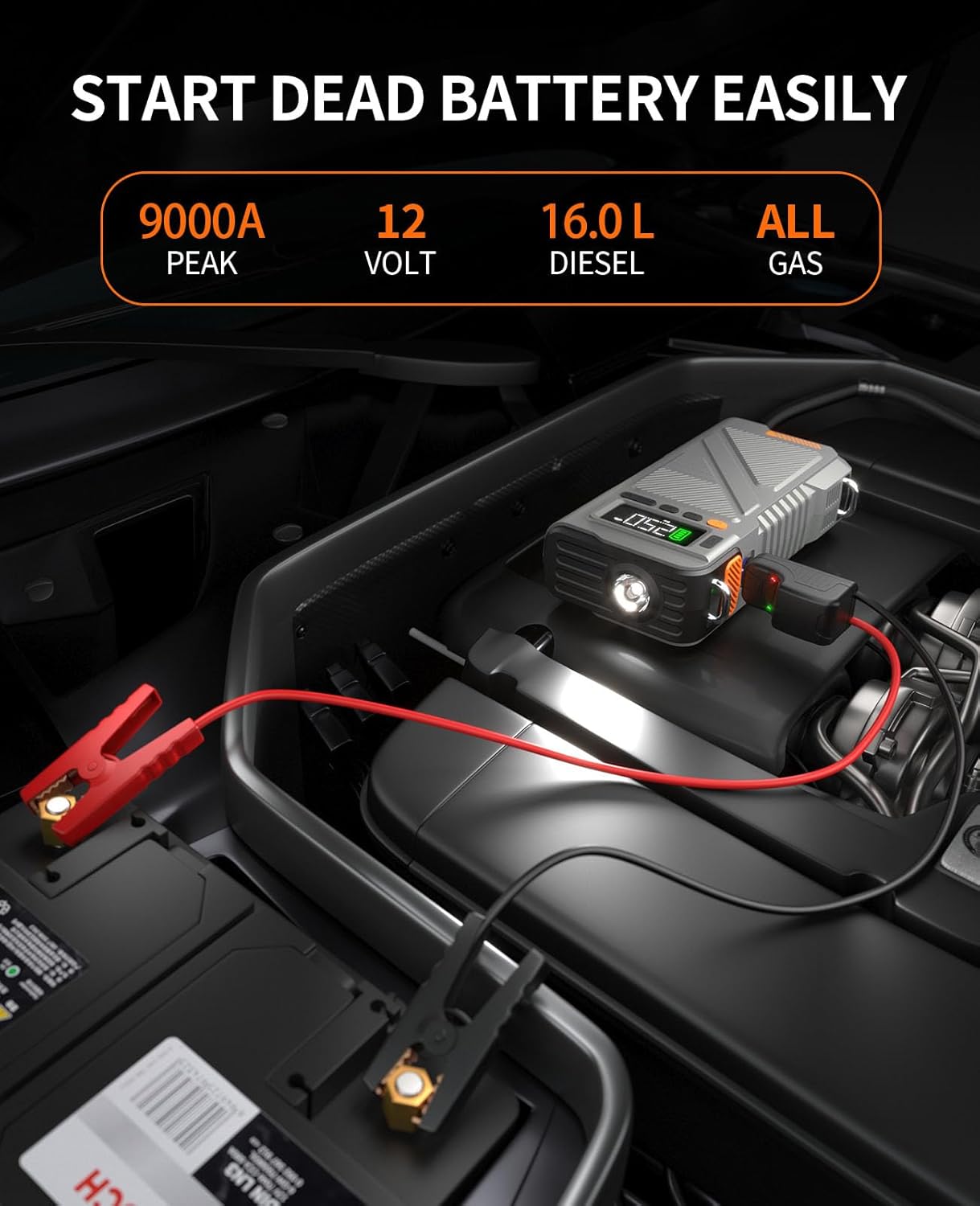 Car Jump Starter with Air Compressor 9000A, 9 in 1 Jumper Box for Car Battery Portable 12V Jump Pack(All Gas/16L Diesel) Combo 150 PSI Tire Inflator  Air Inflator/Deflator Pump w/Extended Jump Cable