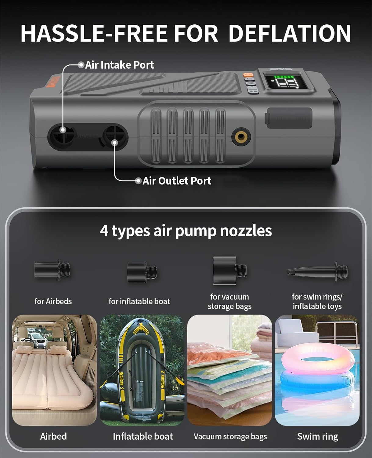 Car Jump Starter with Air Compressor 9000A, 9 in 1 Jumper Box for Car Battery Portable 12V Jump Pack(All Gas/16L Diesel) Combo 150 PSI Tire Inflator  Air Inflator/Deflator Pump w/Extended Jump Cable