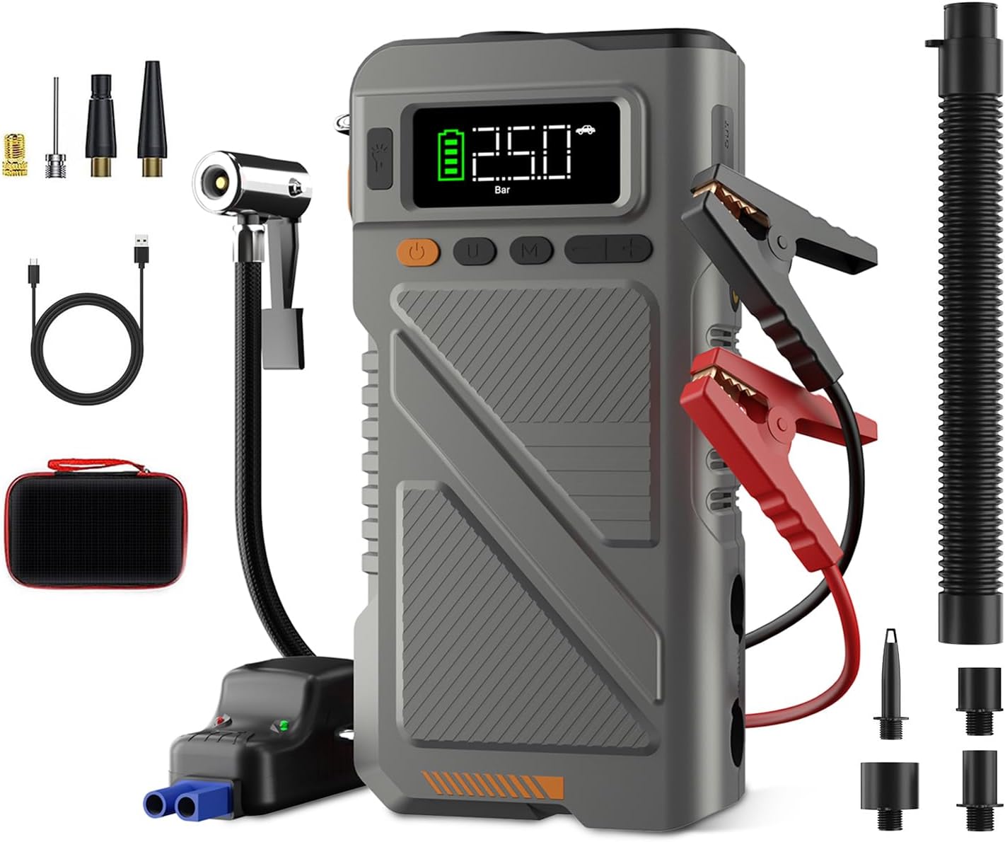 Car Jump Starter with Air Compressor 9000A, 9 in 1 Jumper Box for Car Battery Portable 12V Jump Pack(All Gas/16L Diesel) Combo 150 PSI Tire Inflator  Air Inflator/Deflator Pump w/Extended Jump Cable