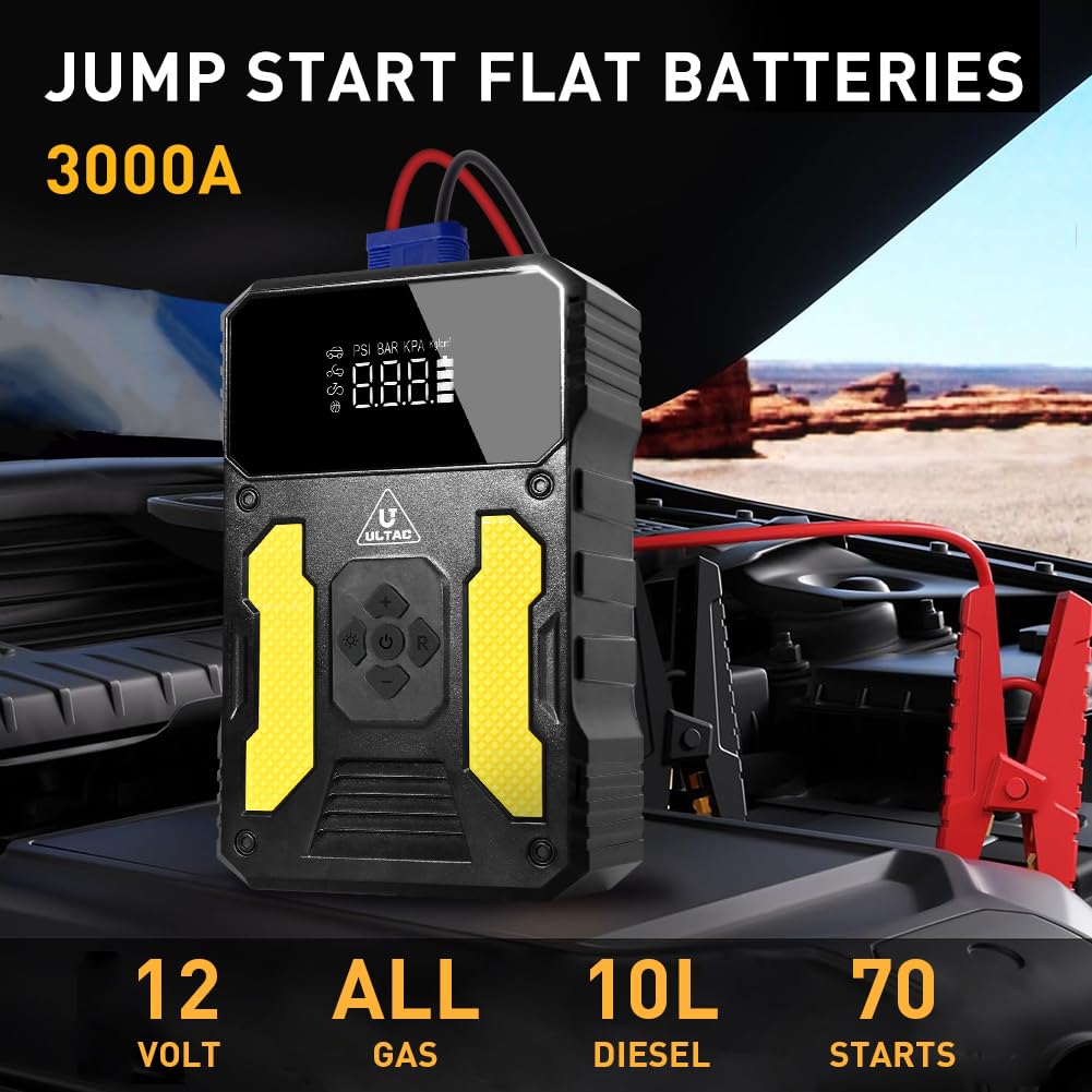 Car Jump Starter with Air Compressor - Battery Jump Starter 3000A Jump Pack Jump Box(All Gas/10L Diesel),20000mAh 150PSI 12V Tire Inflator with 3 Modes LED Light