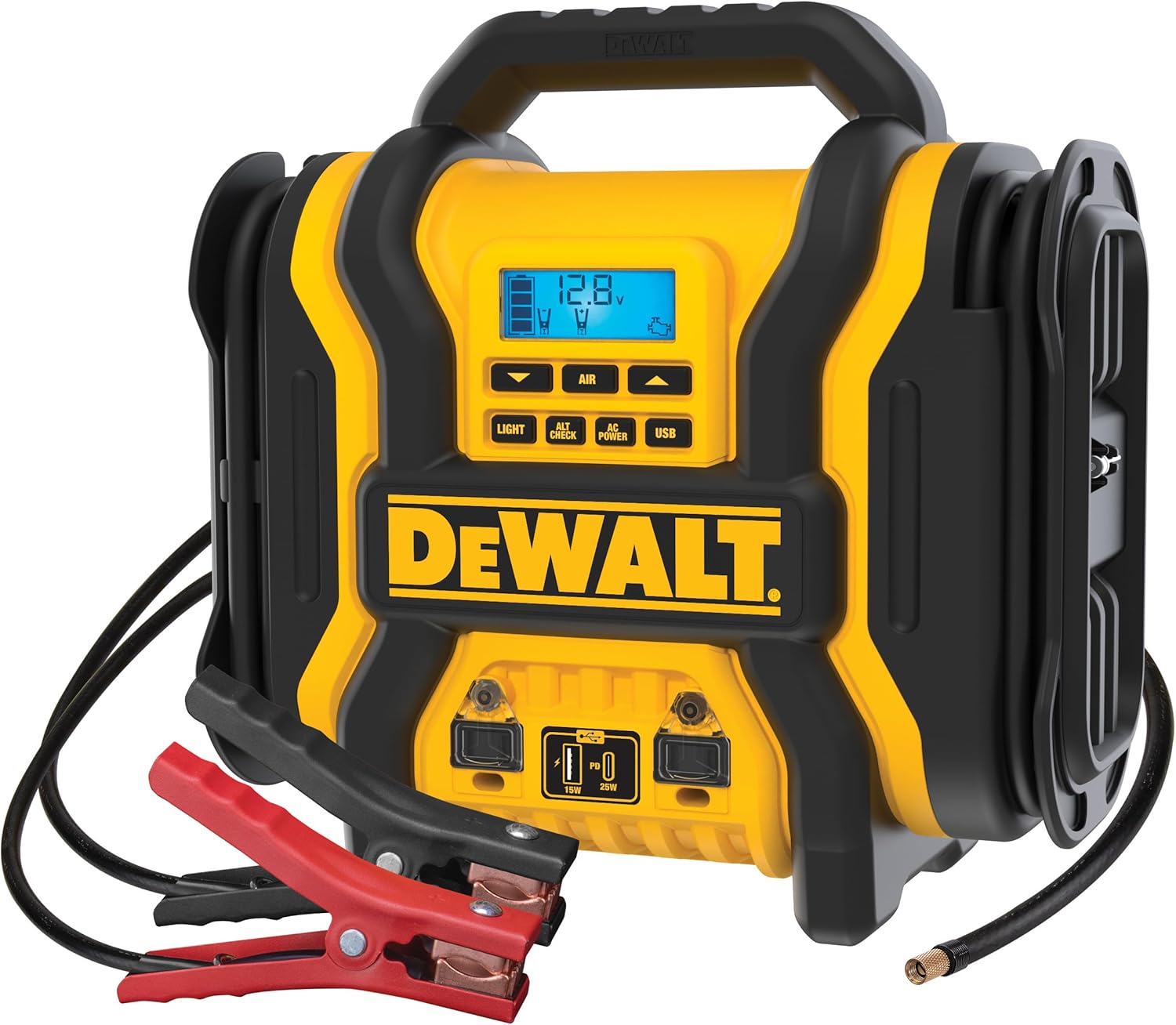 DEWALT DXAEPS14-Type2 2000 Peak Battery Amp 12V Automotive Battery Booster Jump Starter/Power Station with 120 PSI Compressor, 500W AC Power Inverter, and 15W USBa  25W USB Ports