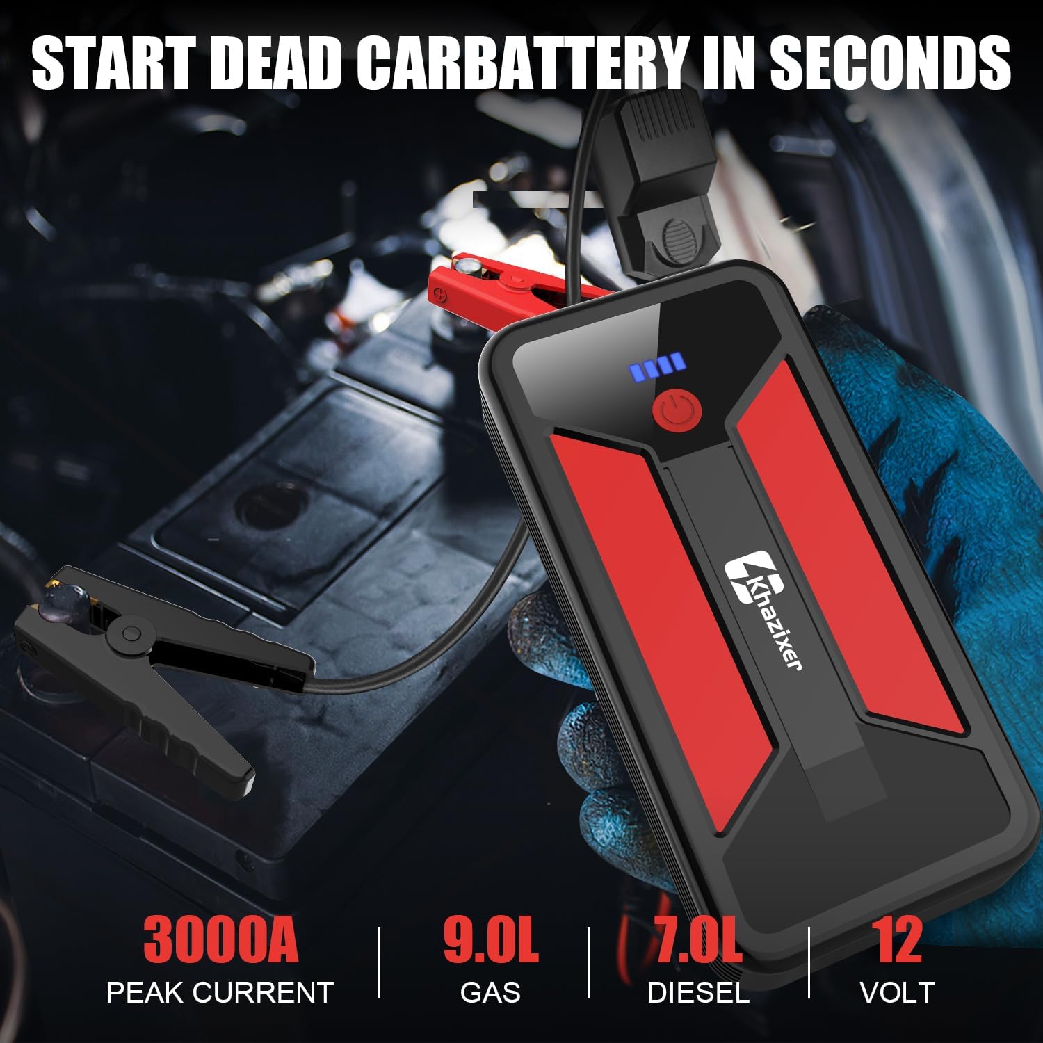 ET02 Car Battery Jump Starter 3000A Peak, 12V Lithium Portable Jumper Starter for up to 9.0L Gas and 7.0L Diesel Engines, 12V Battery Jump Starter with Jumper Cable