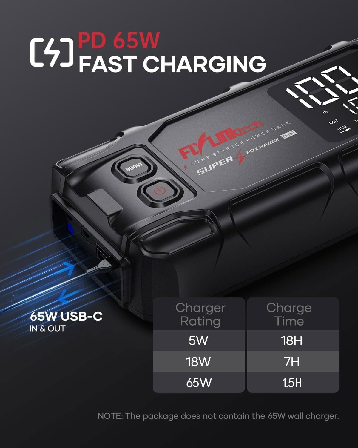 FLYLINKTECH Car Battery Jump Starter, 8000A Peak 26800mAh Jump Start Battery Pack(for All Gas or up to 12L Diesel),12V Jump Box with PD65W Fast Charging and 600 Lumen LED Light