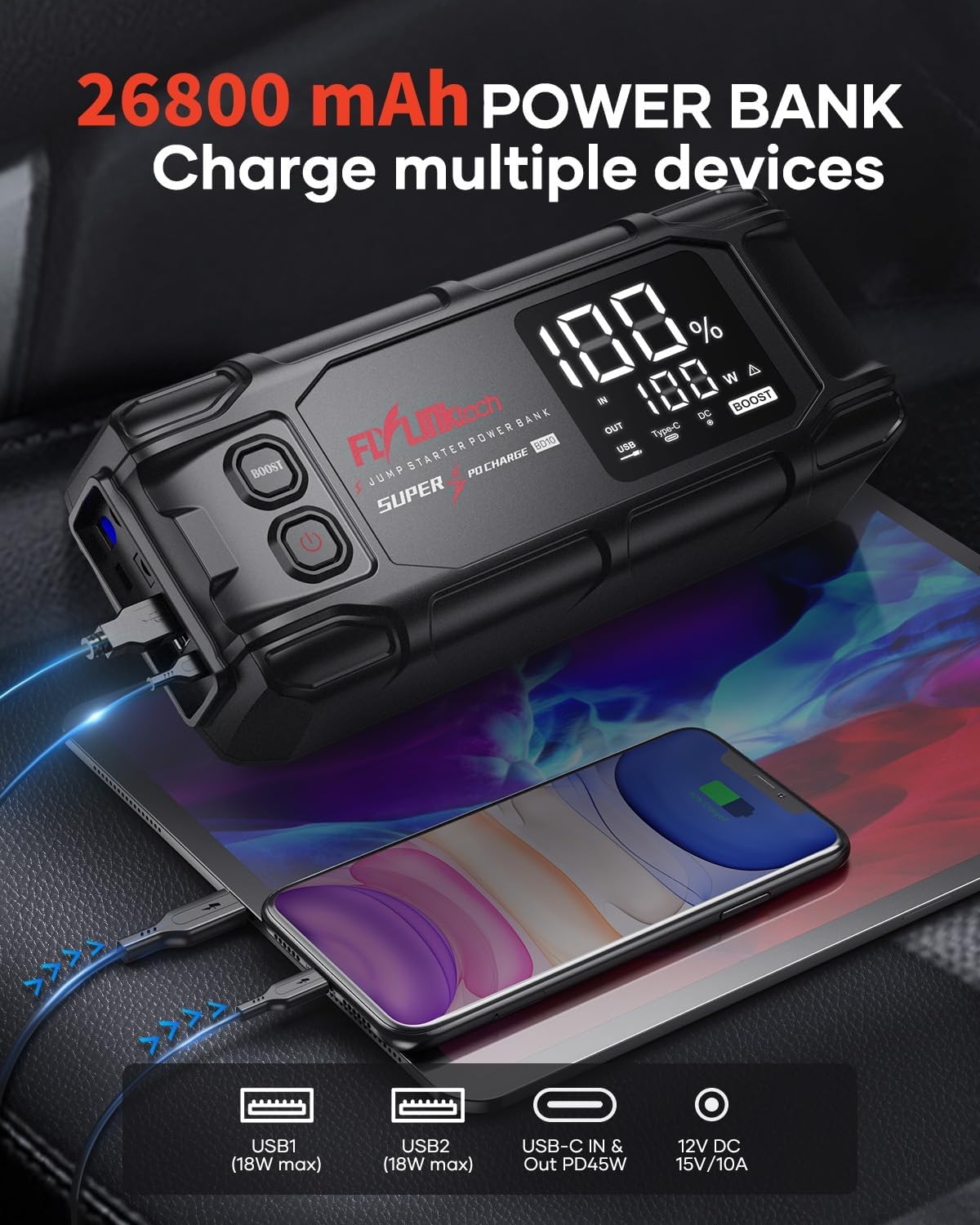 FLYLINKTECH Car Battery Jump Starter, 8000A Peak 26800mAh Jump Start Battery Pack(for All Gas or up to 12L Diesel),12V Jump Box with PD65W Fast Charging and 600 Lumen LED Light