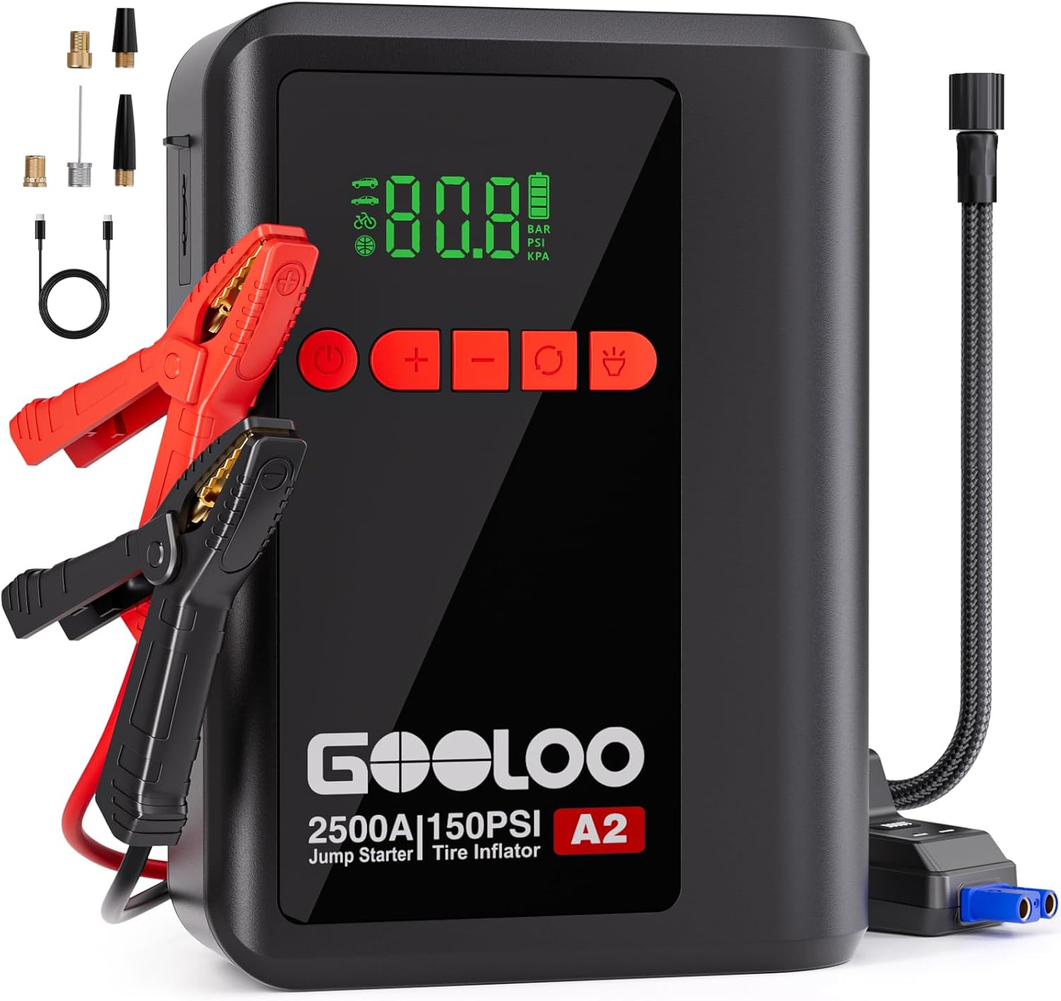 GOOLOO A2 8-in-1 Jump Starter with Air Compressor, 2500A Car Battery Booster (Up to 8L Gas/6L Diesel) 150 PSI Cordless Auto-Shutoff Tire Inflator, 12V Supersafe Lithium Jump Box with Jumper Cables