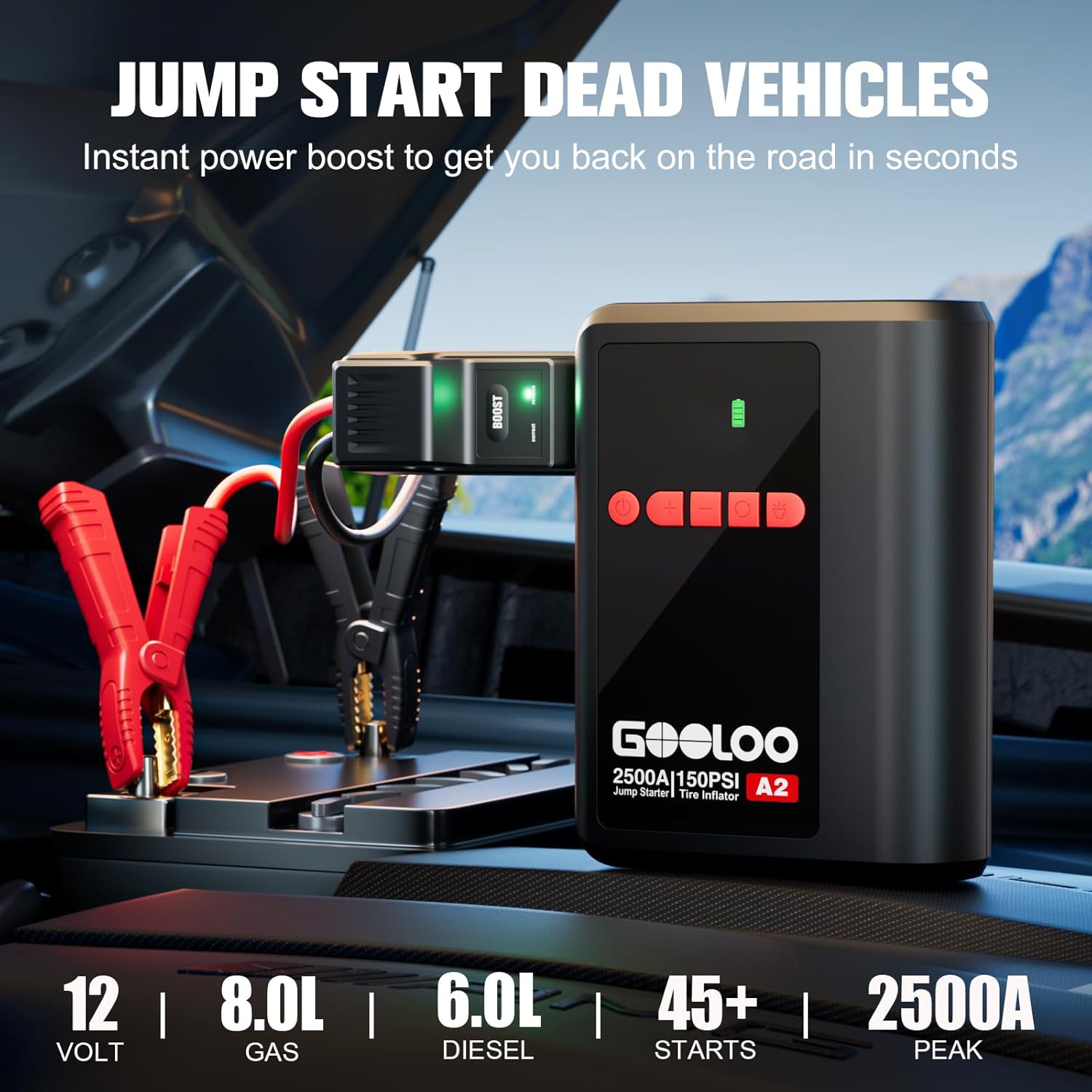 GOOLOO A2 8-in-1 Jump Starter with Air Compressor, 2500A Car Battery Booster (Up to 8L Gas/6L Diesel) 150 PSI Cordless Auto-Shutoff Tire Inflator, 12V Supersafe Lithium Jump Box with Jumper Cables