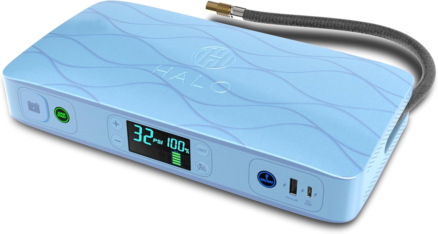 HALO Bolt Ultimate 2 Portable Car Battery Jump Starter | 130 PSI Air Compressor, 55.5Wh USB Power Bank with AC Outlet, Emergency Floodlight Charger, Jumps Cars SUVs Trucks, Inflates Tires — Navy HALO Bolt Ultimate 2 Portable Car Battery Jump Starter | 130 PSI Air Compressor, 55.5Wh USB Power Bank with AC Outlet, Emergency Floodlight Charger, Jumps Cars SUVs Trucks, Inflates Tires — Navy