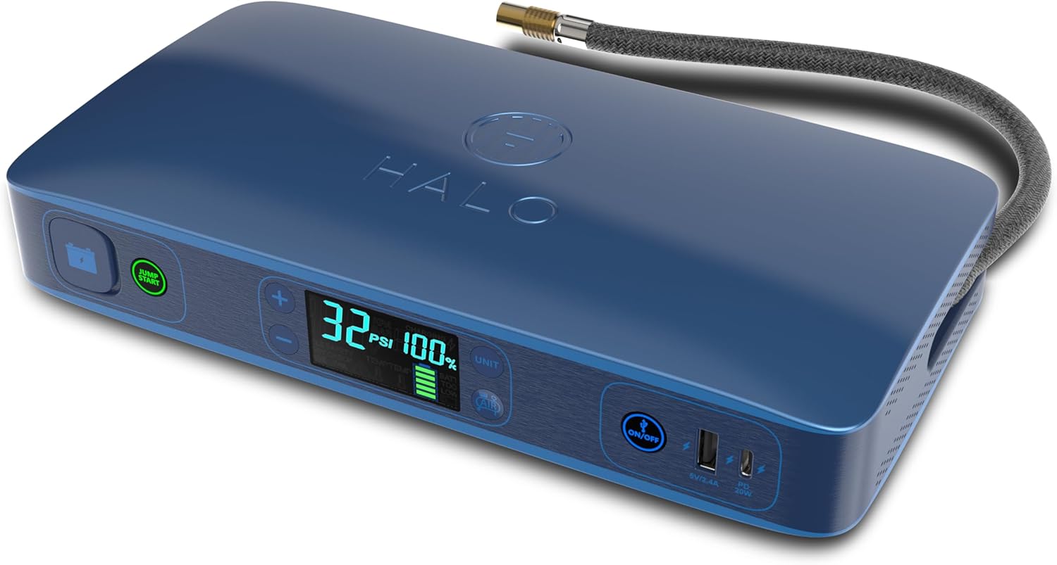 HALO Bolt Ultimate 2 Portable Car Battery Jump Starter | 130 PSI Air Compressor, 55.5Wh USB Power Bank with AC Outlet, Emergency Floodlight Charger, Jumps Cars SUVs Trucks, Inflates Tires — Navy HALO Bolt Ultimate 2 Portable Car Battery Jump Starter | 130 PSI Air Compressor, 55.5Wh USB Power Bank with AC Outlet, Emergency Floodlight Charger, Jumps Cars SUVs Trucks, Inflates Tires — Navy