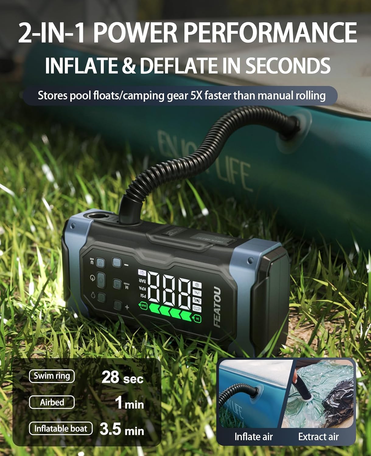 High-Power 9000A Battery Jumper Starter Portable with Air Compressor/Tire Inflator, 12V Jump Box for Car Battery (All Gas/14L Diesel), 9 in 1 Portable Power Pack (74Wh, Fast Charge, Smart Clamp, LCD)