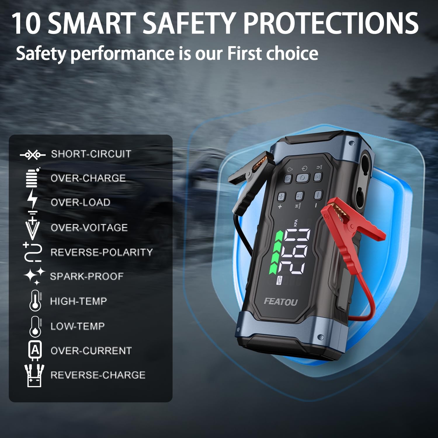 High-Power 9000A Battery Jumper Starter Portable with Air Compressor/Tire Inflator, 12V Jump Box for Car Battery (All Gas/14L Diesel), 9 in 1 Portable Power Pack (74Wh, Fast Charge, Smart Clamp, LCD)