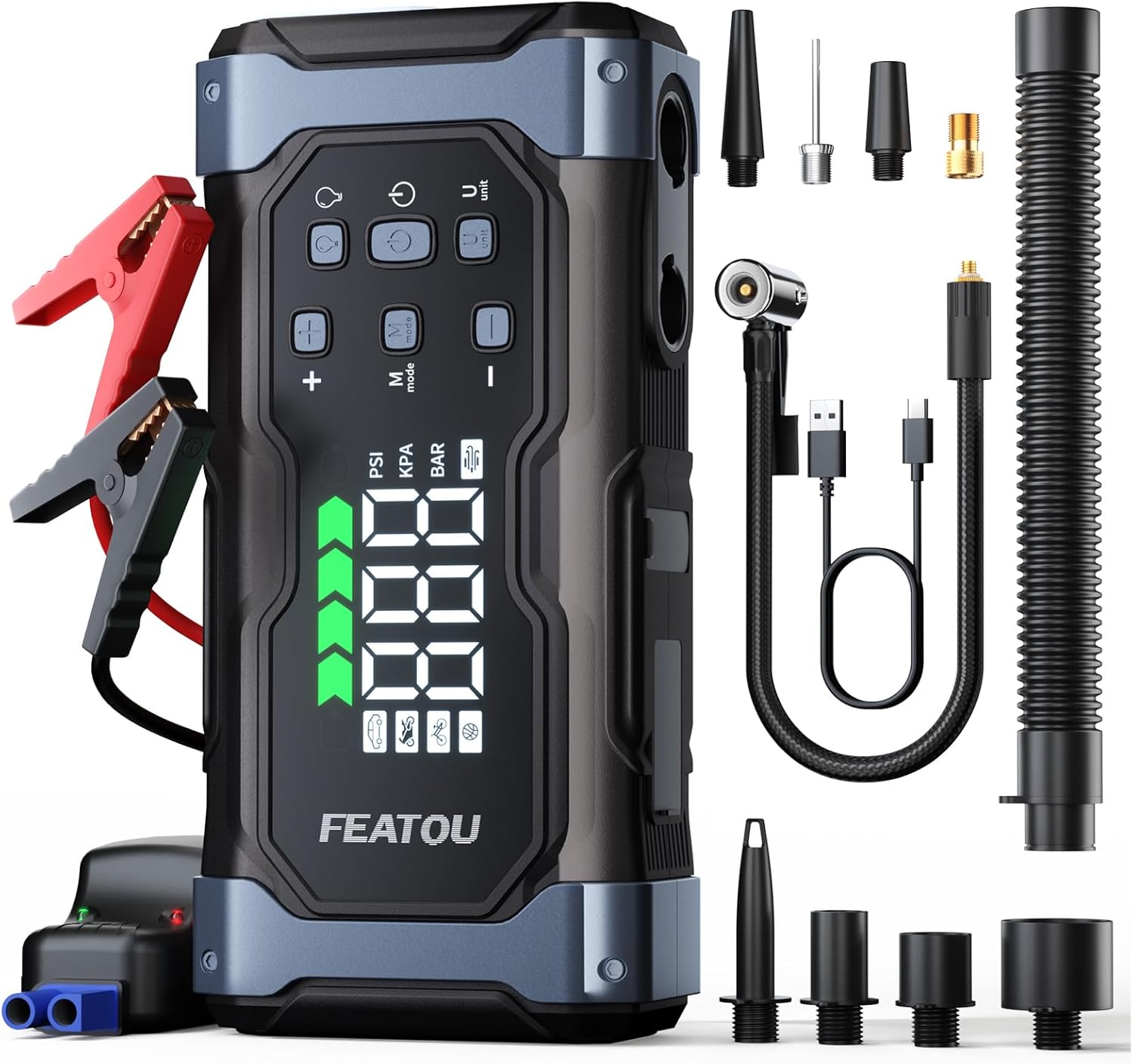 High-Power 9000A Battery Jumper Starter Portable with Air Compressor/Tire Inflator, 12V Jump Box for Car Battery (All Gas/14L Diesel), 9 in 1 Portable Power Pack (74Wh, Fast Charge, Smart Clamp, LCD)