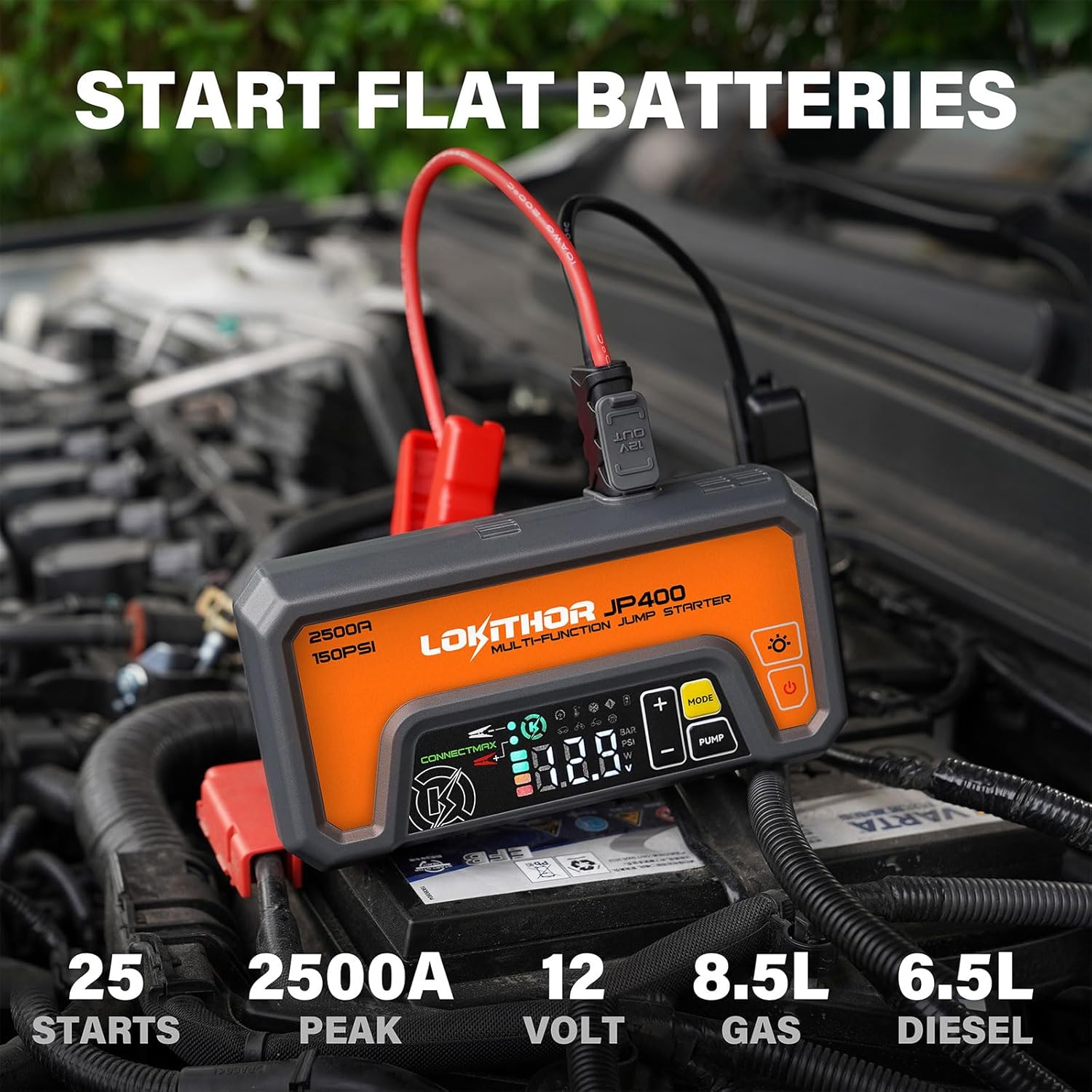 JP400 Jump Starter with Air Compressor, 2500A Car Battery Jumper Starter Portable for Car 8.5L Gas or 6.5L Diesel, 12V Battery Jump Pack with 150PSI Tire Inflator, Jumper Cables, Storage Case