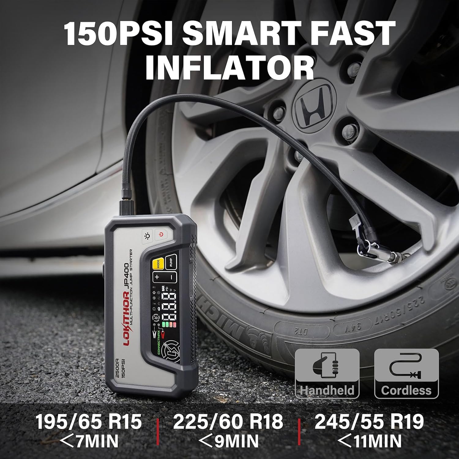 JP400 Jump Starter with Air Compressor, 2500A Car Battery Jumper Starter Portable for Car 8.5L Gas or 6.5L Diesel, 12V Battery Jump Pack with 150PSI Tire Inflator, Jumper Cables, Storage Case