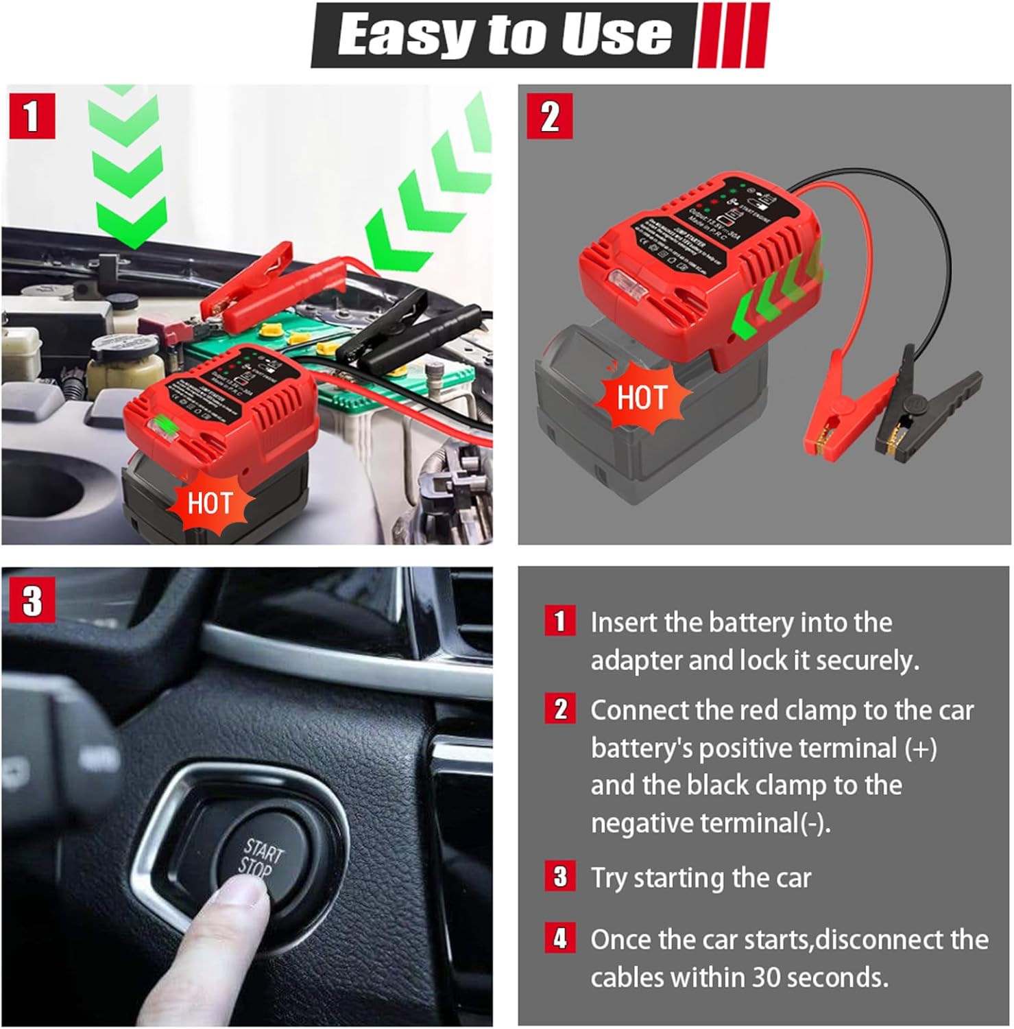 Jump Starter Adapter for DeWalt 20V/60V Li-ion Battery Powered with Jumper Cable Clamps Portable Car Battery Charger Jump Starter(Battery Not Included)