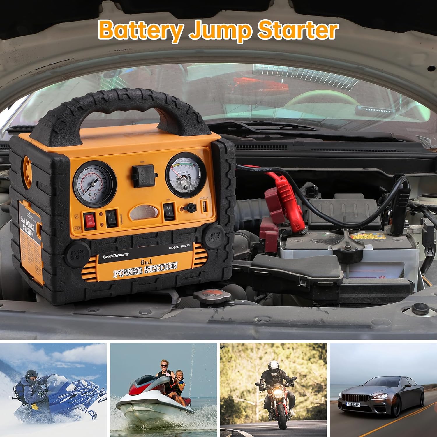 Jump Starter, BS ONE 700A Peak Current Car Battery Jump Starter with Air Compressor and Power Inverter, Jump Starter Battery Pack with 110V/200W AC Output  Led Light