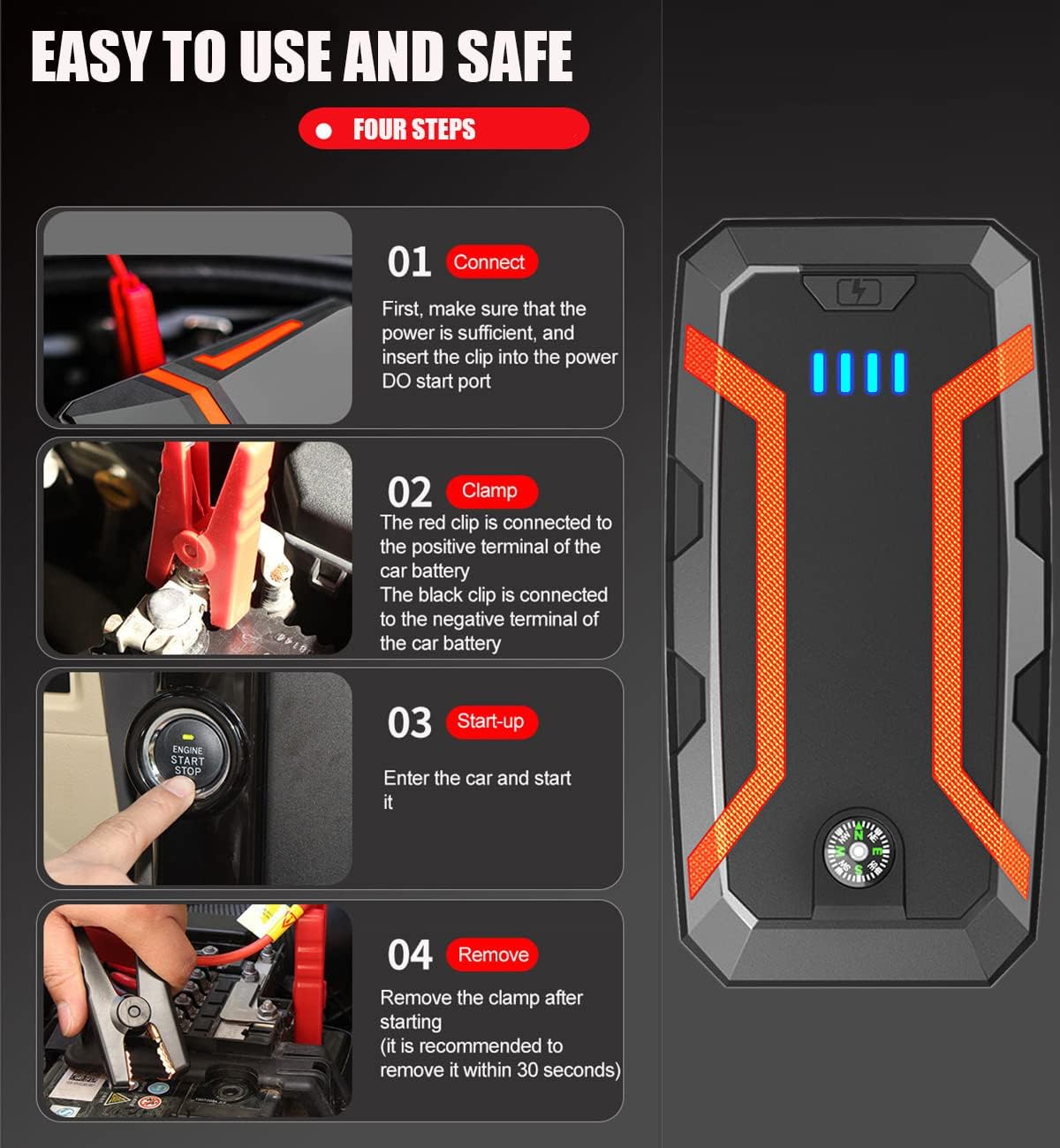 Jump Starter Portable with air Compressor for 8.0L Gas/5.0L Diesel, 12V/1500A Auto Jump Box Car Battery Charger + 150PSI Air Inflator Pack, USB Quick Charge Type-C  LED Light  Compass