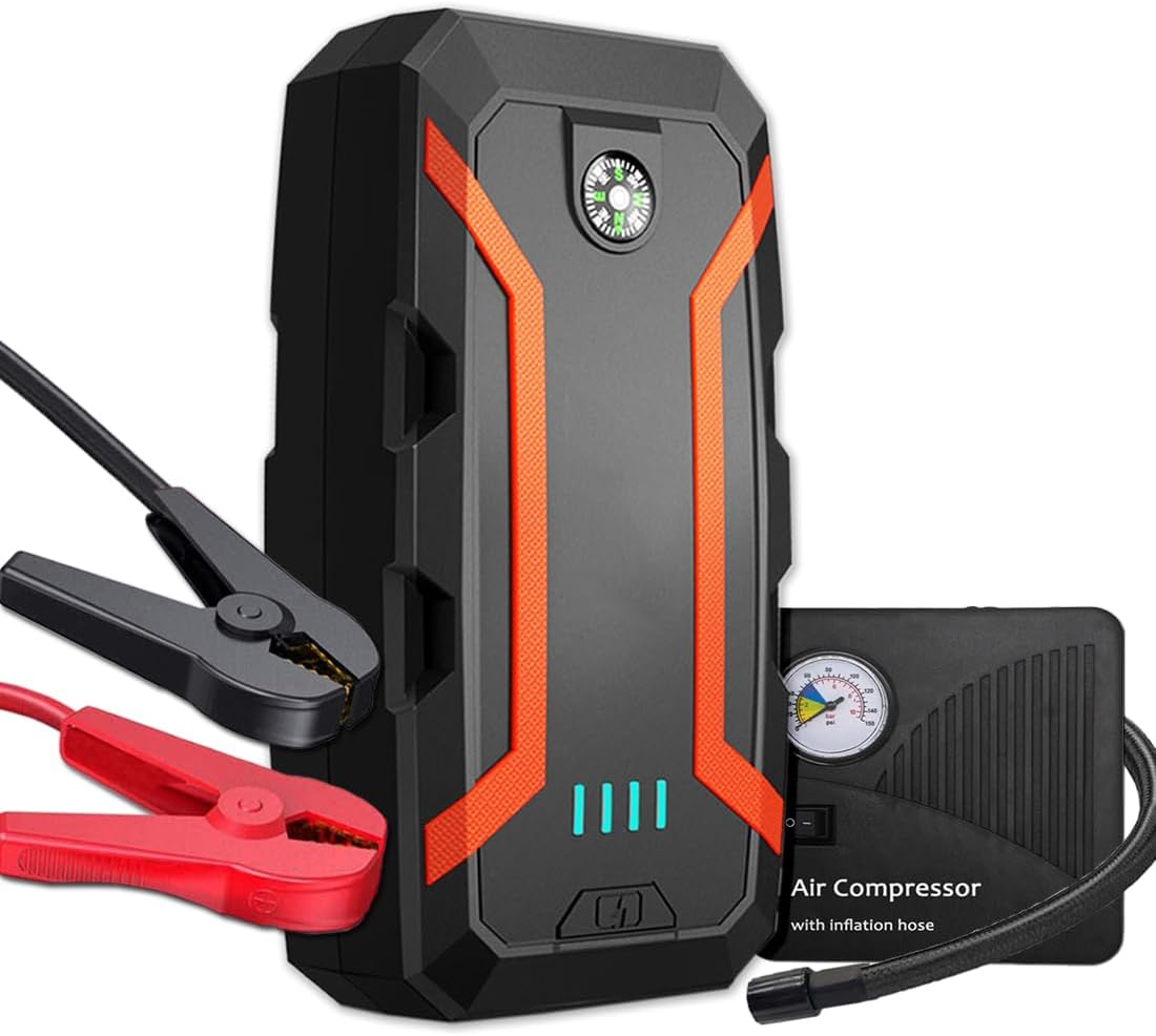 Jump Starter Portable with air Compressor for 8.0L Gas/5.0L Diesel, 12V/1500A Auto Jump Box Car Battery Charger + 150PSI Air Inflator Pack, USB Quick Charge Type-C  LED Light  Compass