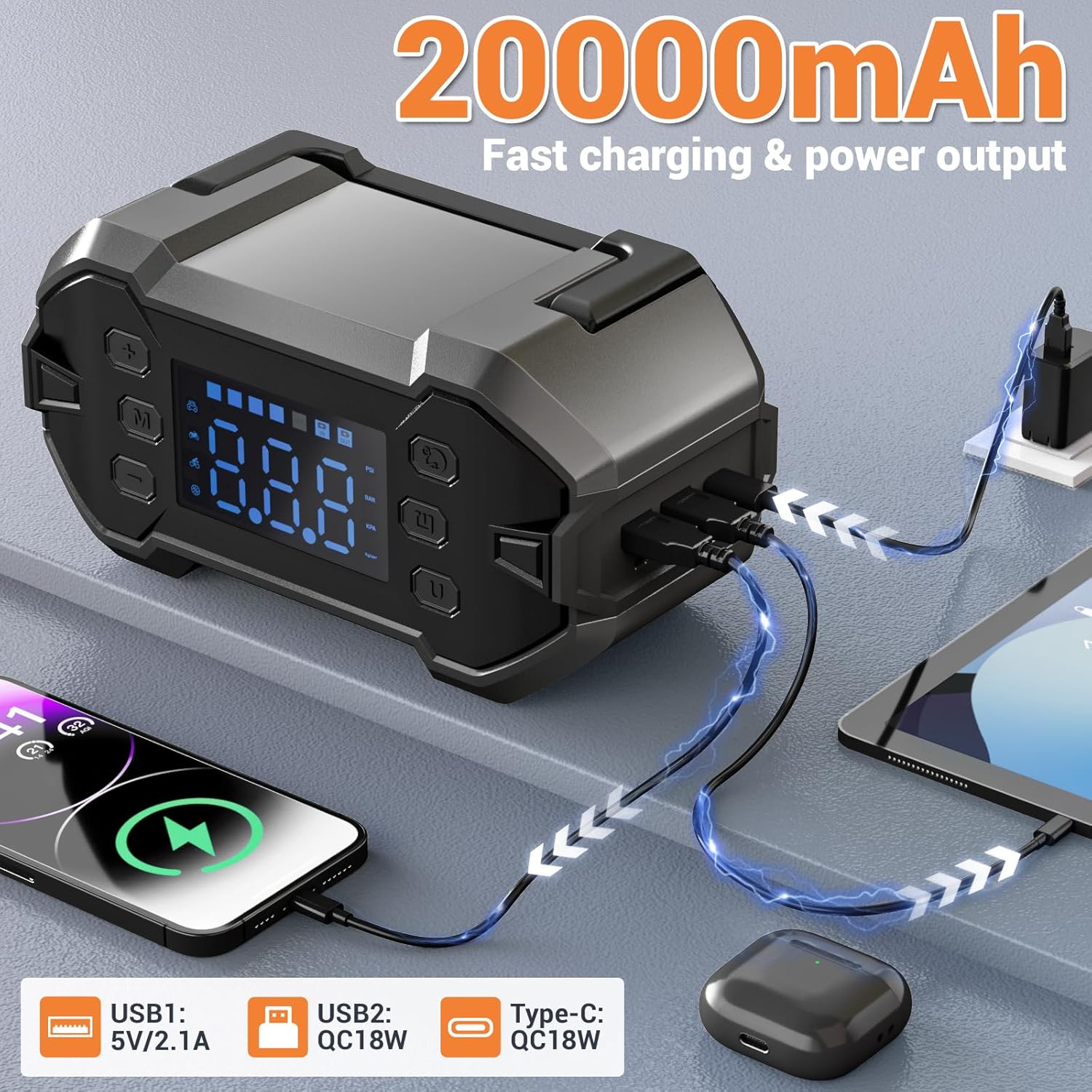 Jump Starter with Air Compressor, 150PSI 3000A Car Jumper Starter Battery Starter (8.0L Gas/8.0L Diesel) with Digital Tire Inflator, 12V Portable Battery Booster Jump Box Pack Air Pump