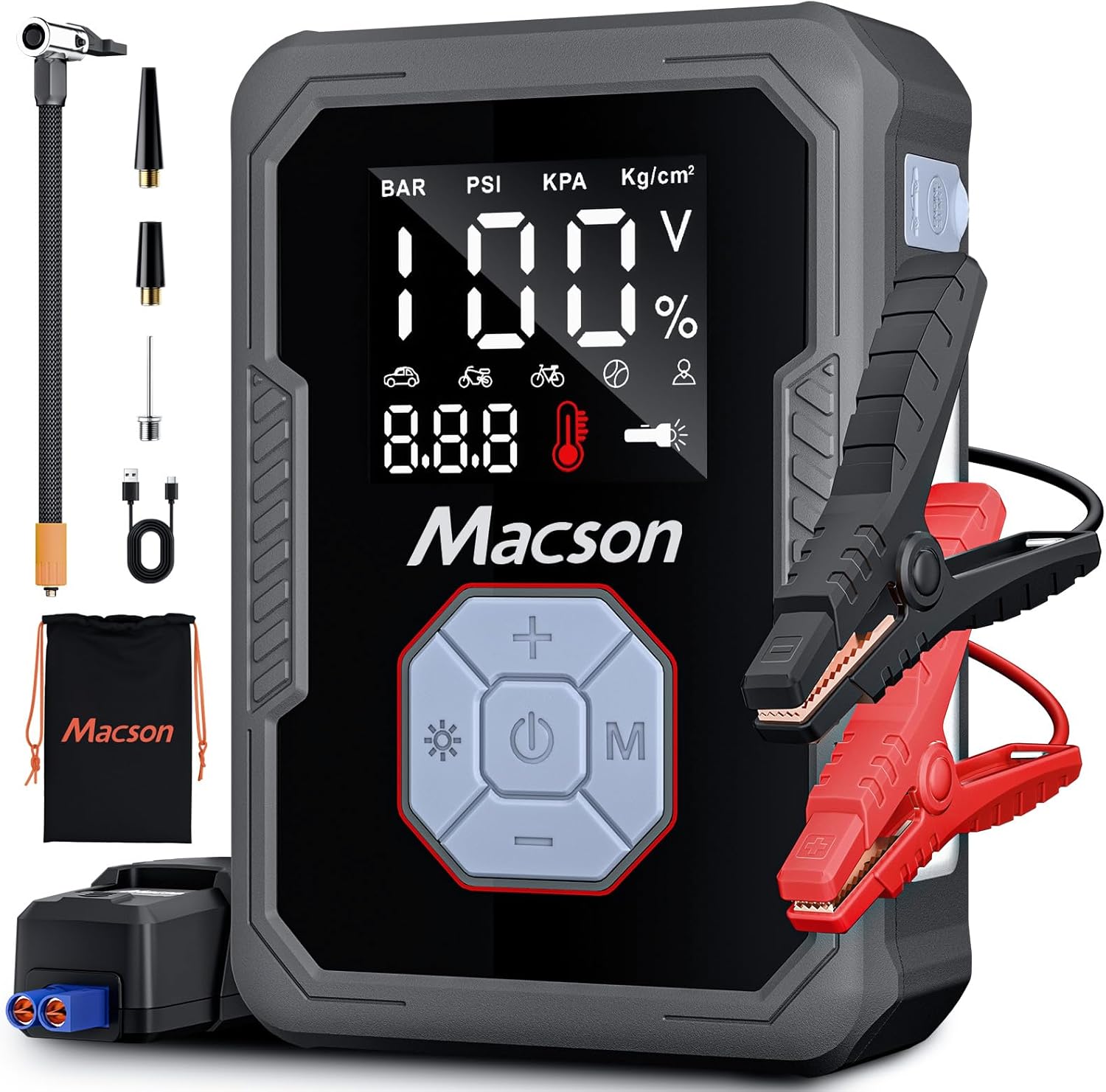 Jump Starter with Air Compressor, 150PSI Tire Inflator 1500A Portable Car Jumper Starter Battery Pack(Up 7.5L Gas/5.5L Diesel Engine), 12V Battery Charger Booster with 6 Modes Flashlight