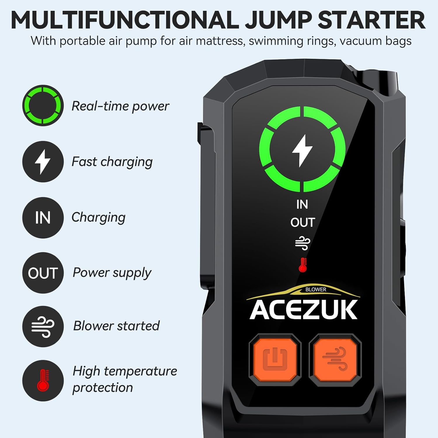Jump Starter with Air Compressor, 4000A Portable Jump Starter Battery Pack with Air Inflator  Deflator Pump, 8 in 1 Car Jump Starter(7.0L Gas/5.5L Diesel), 12V Jump Pack, Large Display, Flashlight