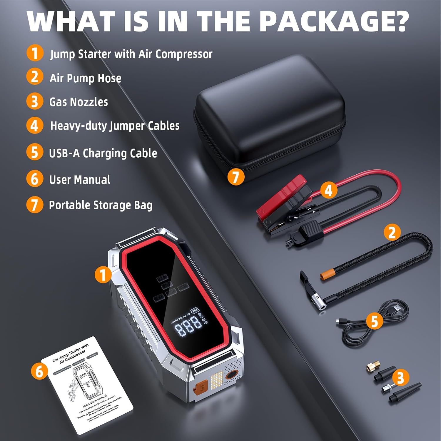 Jump Starter with Air Compressor, 5000A 150PSI Car Battery Jump Starter (9.0 Gas/8.0L Diesel), 12V Jump Box Car Battery Jumper Starter Portable with Jumper Cables, LCD Display, Lights
