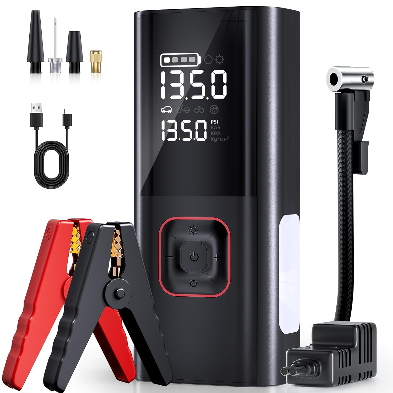 Jump Starter with Air Compressor, 5000A 150PSI Portable Car Battery Jump Starter(9L Gas/8L Diesel), 12V Jump Box Car Battery Jumper Starter Portable with Jumper Cables, LED Light, LCD Display Jump Starter with Air Compressor, 5000A 150PSI Portable Car Battery Jump Starter(9L Gas/8L Diesel), 12V Jump Box Car Battery Jumper Starter Portable with Jumper Cables, LED Light, LCD Display