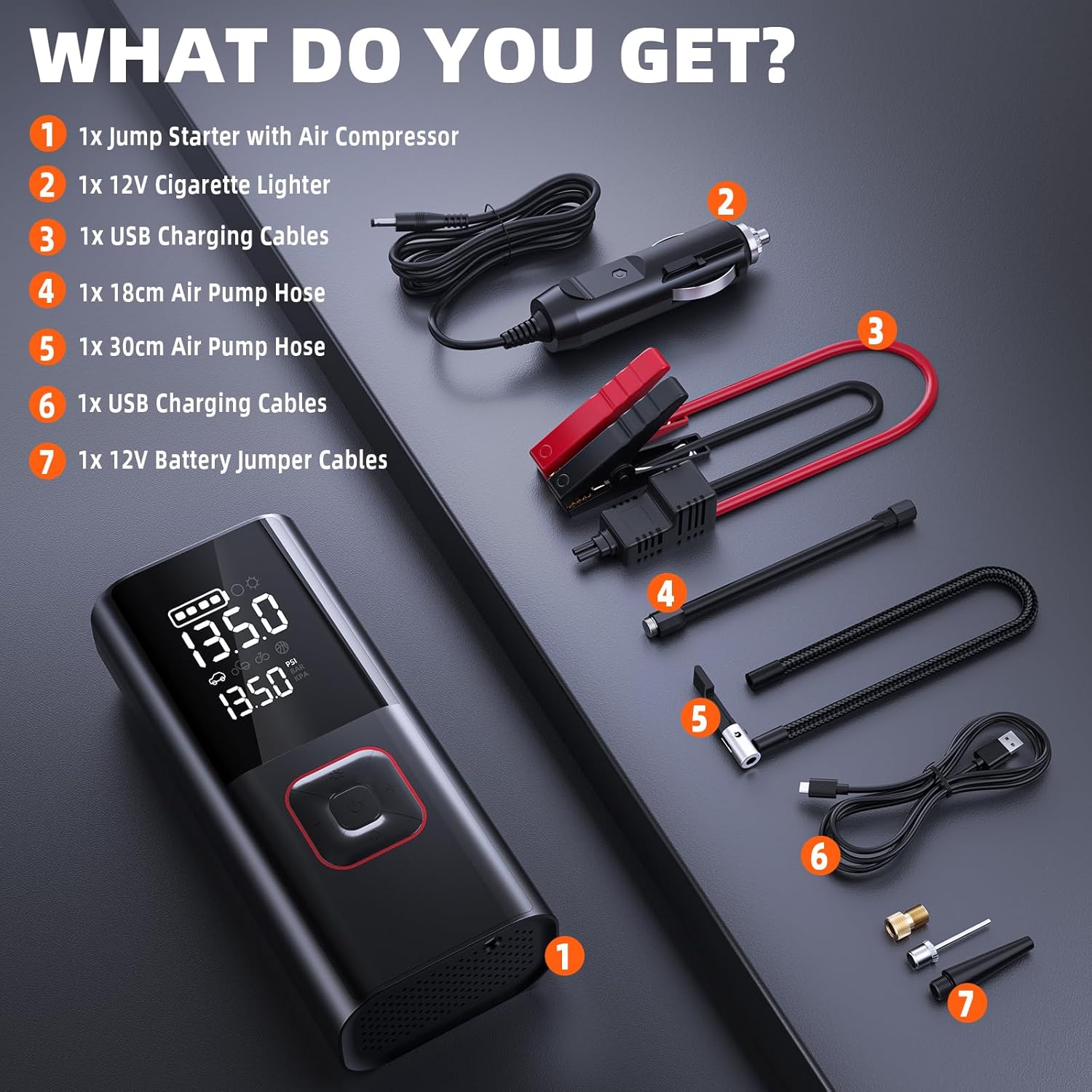 Jump Starter with Air Compressor, 5000A 150PSI Portable Car Battery Jump Starter(9L Gas/8L Diesel), 12V Jump Box Car Battery Jumper Starter Portable with Jumper Cables, LED Light, LCD Display Jump Starter with Air Compressor, 5000A 150PSI Portable Car Battery Jump Starter(9L Gas/8L Diesel), 12V Jump Box Car Battery Jumper Starter Portable with Jumper Cables, LED Light, LCD Display