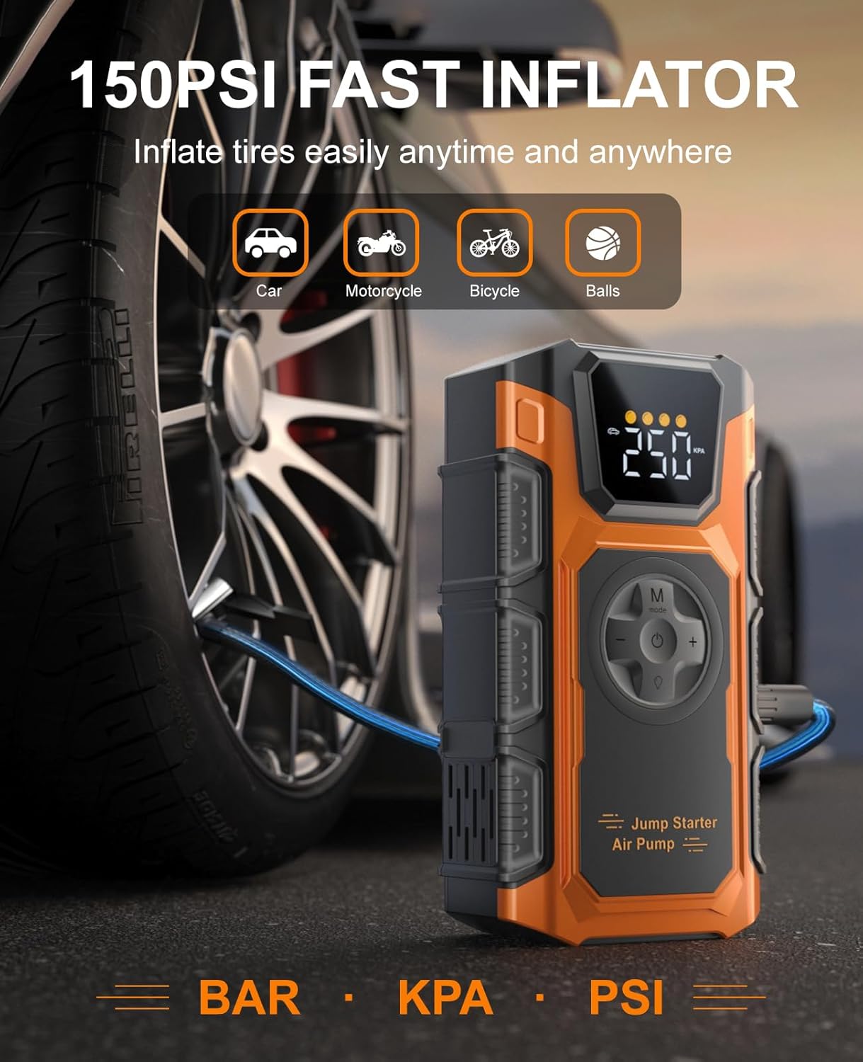 Jump Starter with Air Compressor, 5000A Car Battery Charger Power Jump Box Start 12V Vehicles(Up to 8.5L Gas7.0L Diesel Engines) Portable Car Booster Jumper Pack Combo150 PSI Tire Inflator