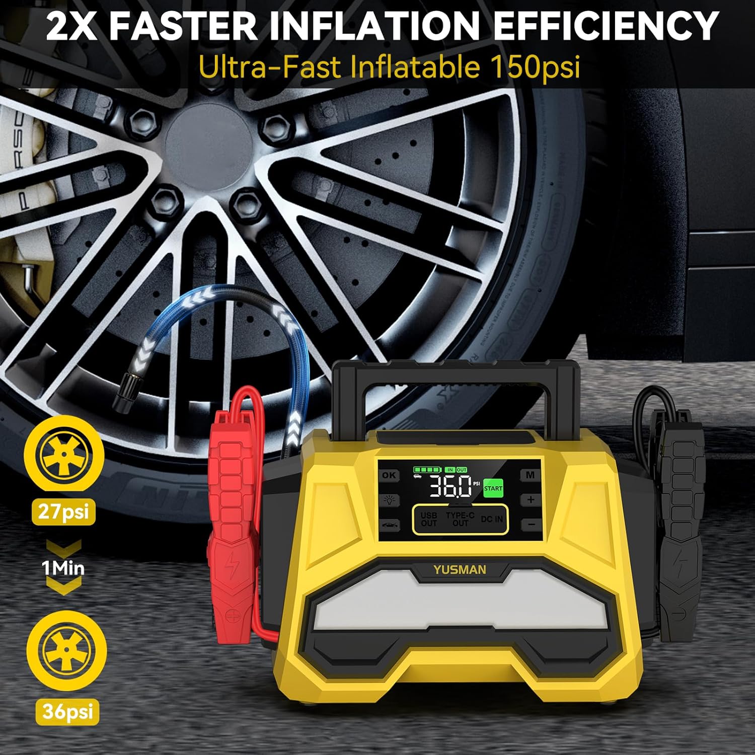 Jump Starter with Air Compressor, 8000A 150PSI Car Jump Starter, 24000mAh Portable Jump Starter Battery Pack(All Gas/12.0L Diesel), 12V Battery Jump Starter with Display, USB-C Port, 2 LED Light