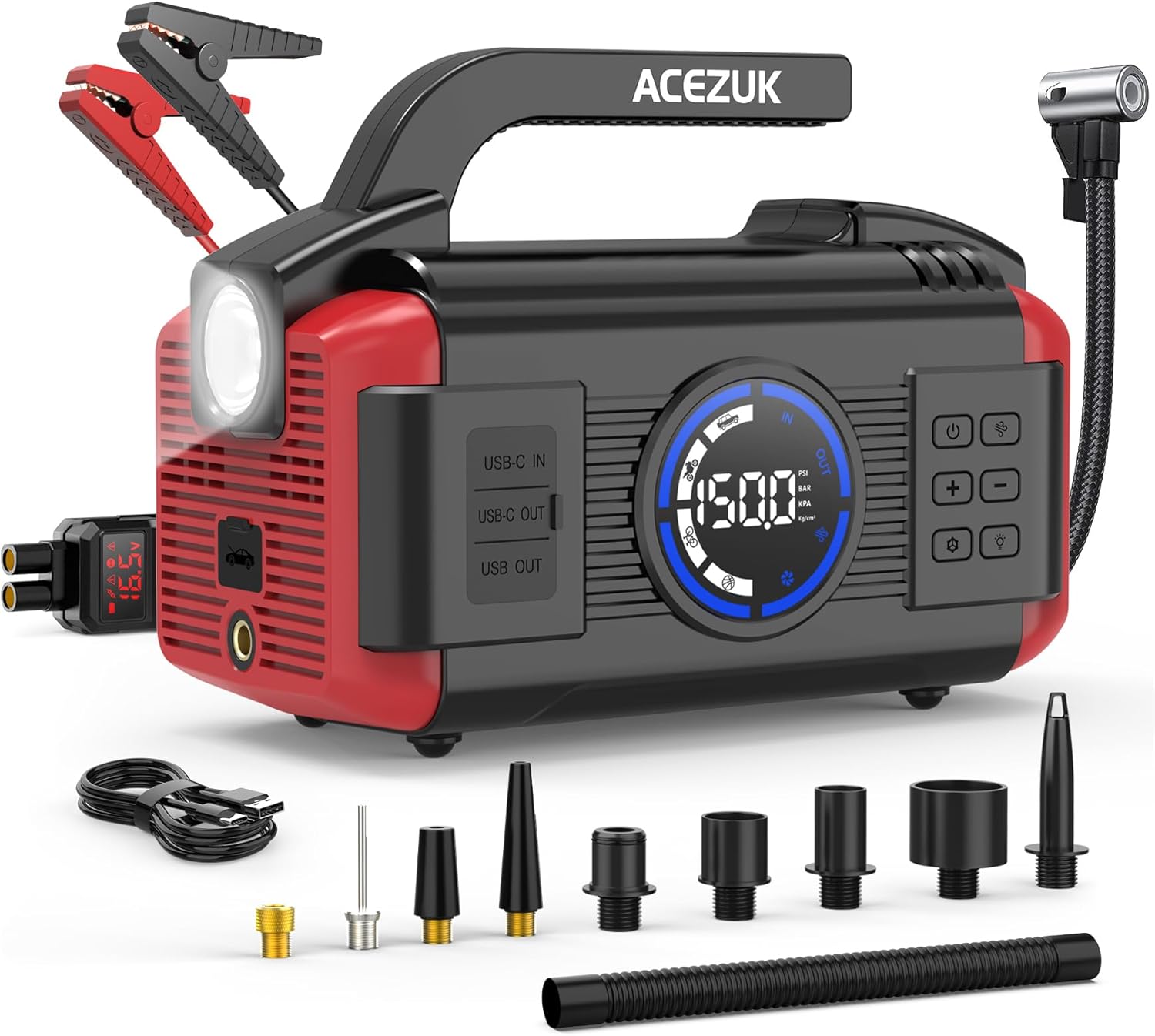 Jump Starter with Air Compressor, 8000A 150PSI Portable Battery Pack with Air Inflator  Deflator Pump, 11 in 1 Car Jump Start(All Gas/12.0L Diesel), 12V Jump Starter Pack, Flashlight