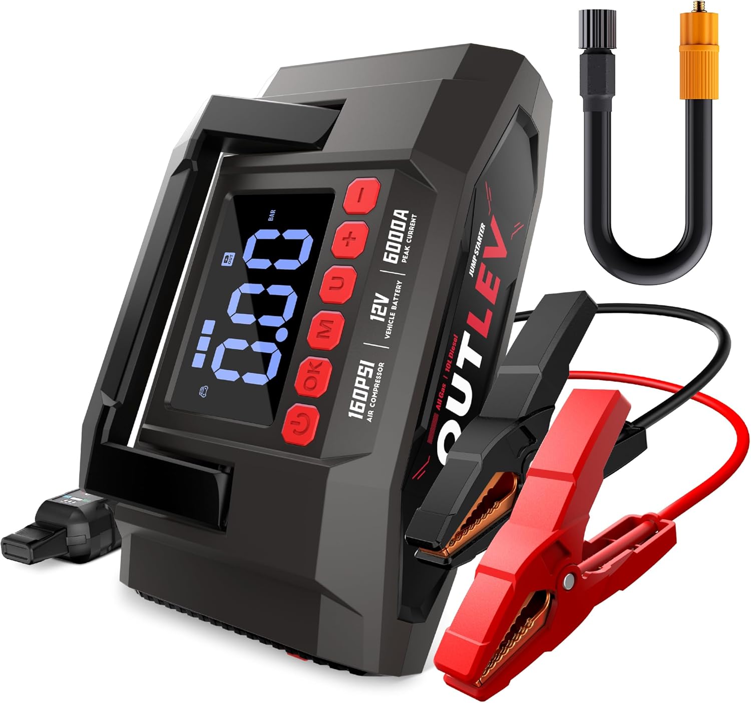 Jump Starter with Air Compressor for All Gas  10.0L Diesel Engines, 6000A Jump Starter Battery Pack, Portable Power Bank, Safety Protection, Self-Driving Tour Essential